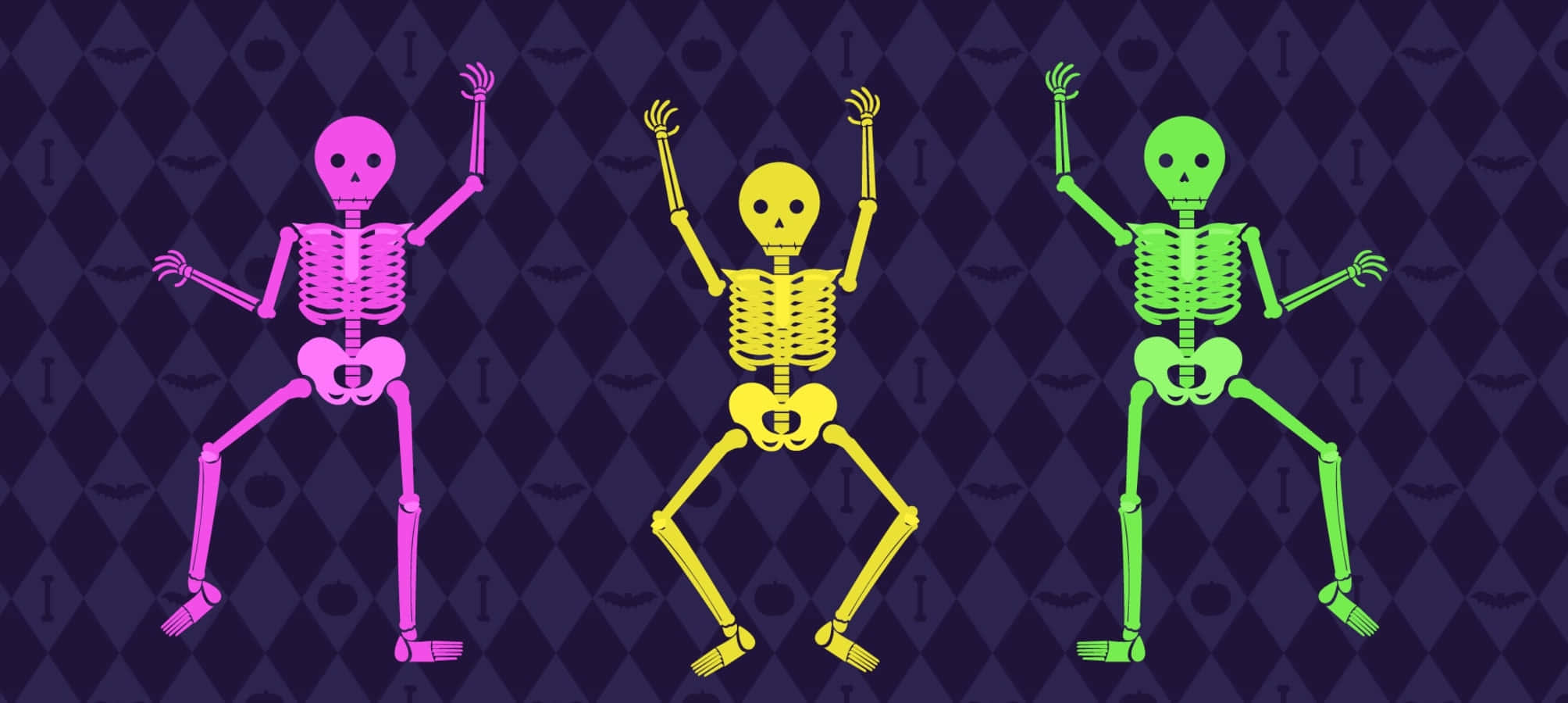 Halloween Skeleton 桌布 壁紙 — 三個色彩繽紛的跳舞骷髏，分別是粉紅色、黃色和綠色，背景是深紫色菱形圖案，帶有微妙的蝙蝠圖案。