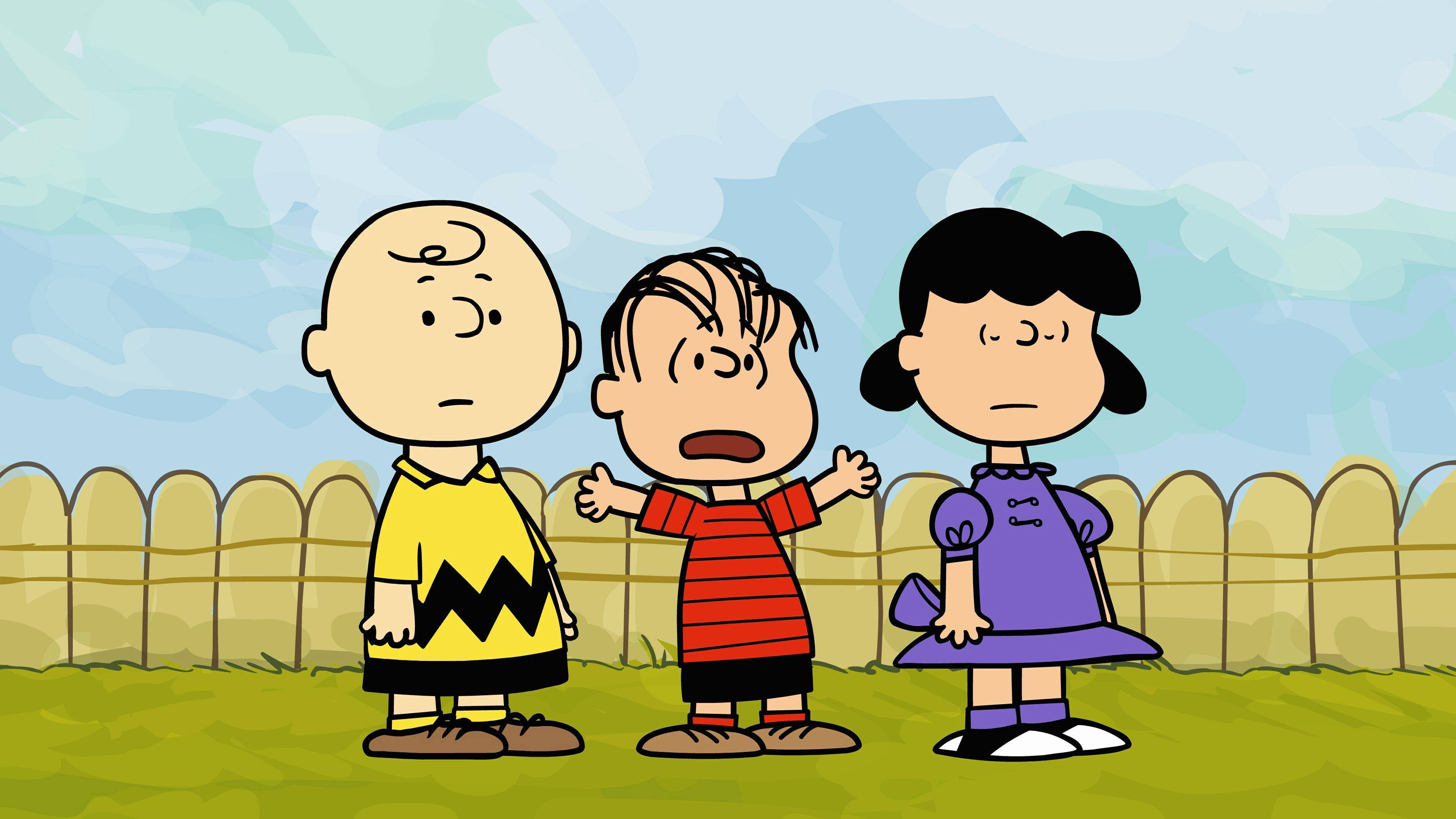 Peanuts 桌布 壁紙 — 三個花生漫畫角色站在有雲的天空下，在尖樁籬笆後面的草地上。