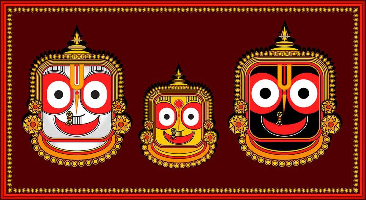 Jagannath 桌布 壁紙 — 三個華麗的傳統印度神祇，擁有鮮明的紅、白、金色面孔，鑲嵌在深栗色背景上的複雜金色邊框中。