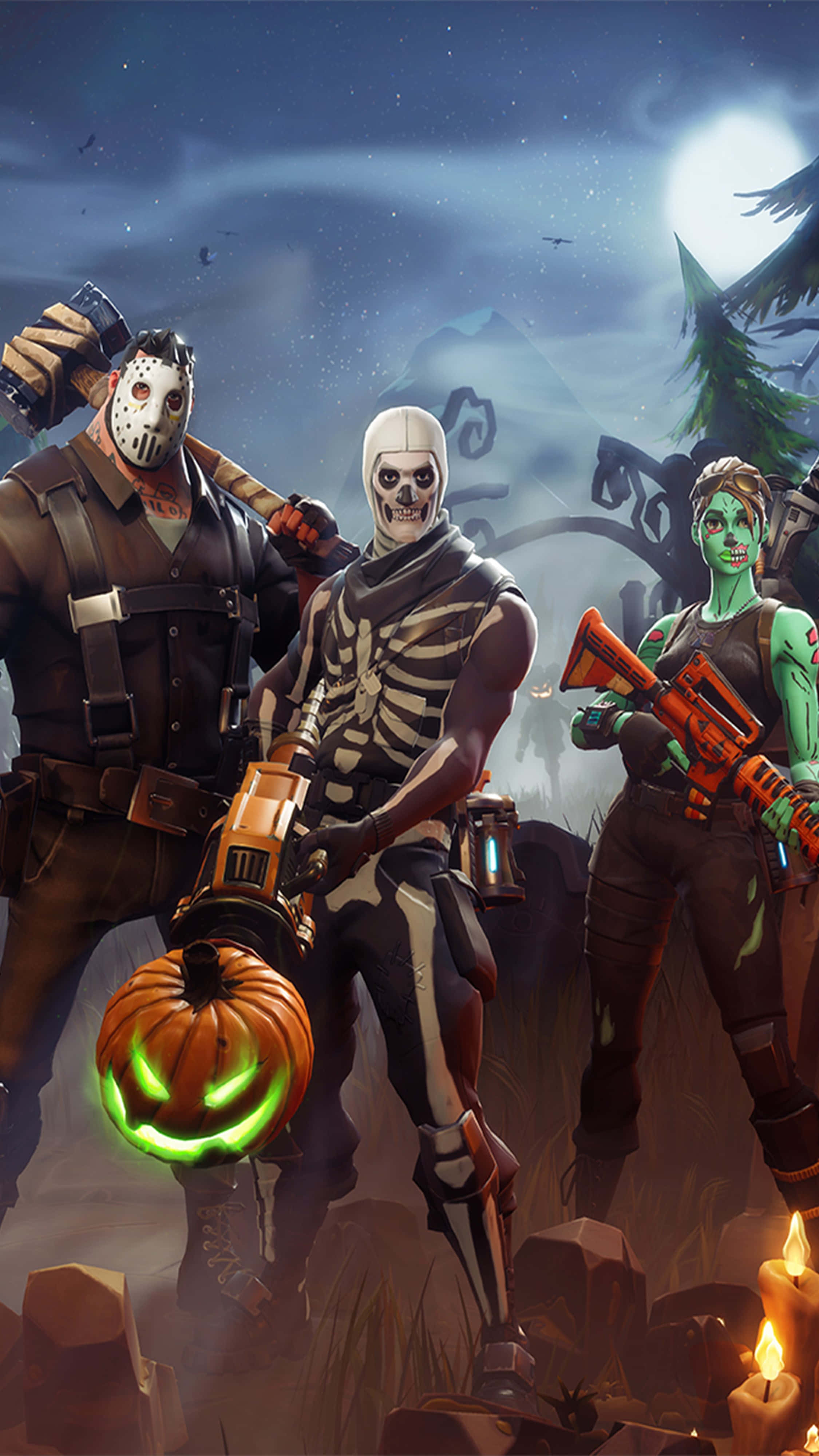 Fortnite 桌布 壁紙 — 三個萬聖節主題的Fortnite角色站在滿月下的陰森墓地中，手持發光南瓜和武器。