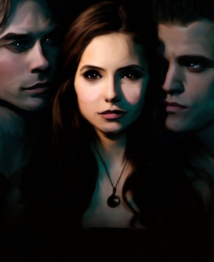 Vampire Diaries 桌布 壁紙 — 三個蒼白面孔的人物，眼神銳利，在黑暗、陰鬱的肖像中直視前方，帶有戲劇性的藍色和黑色燈光。