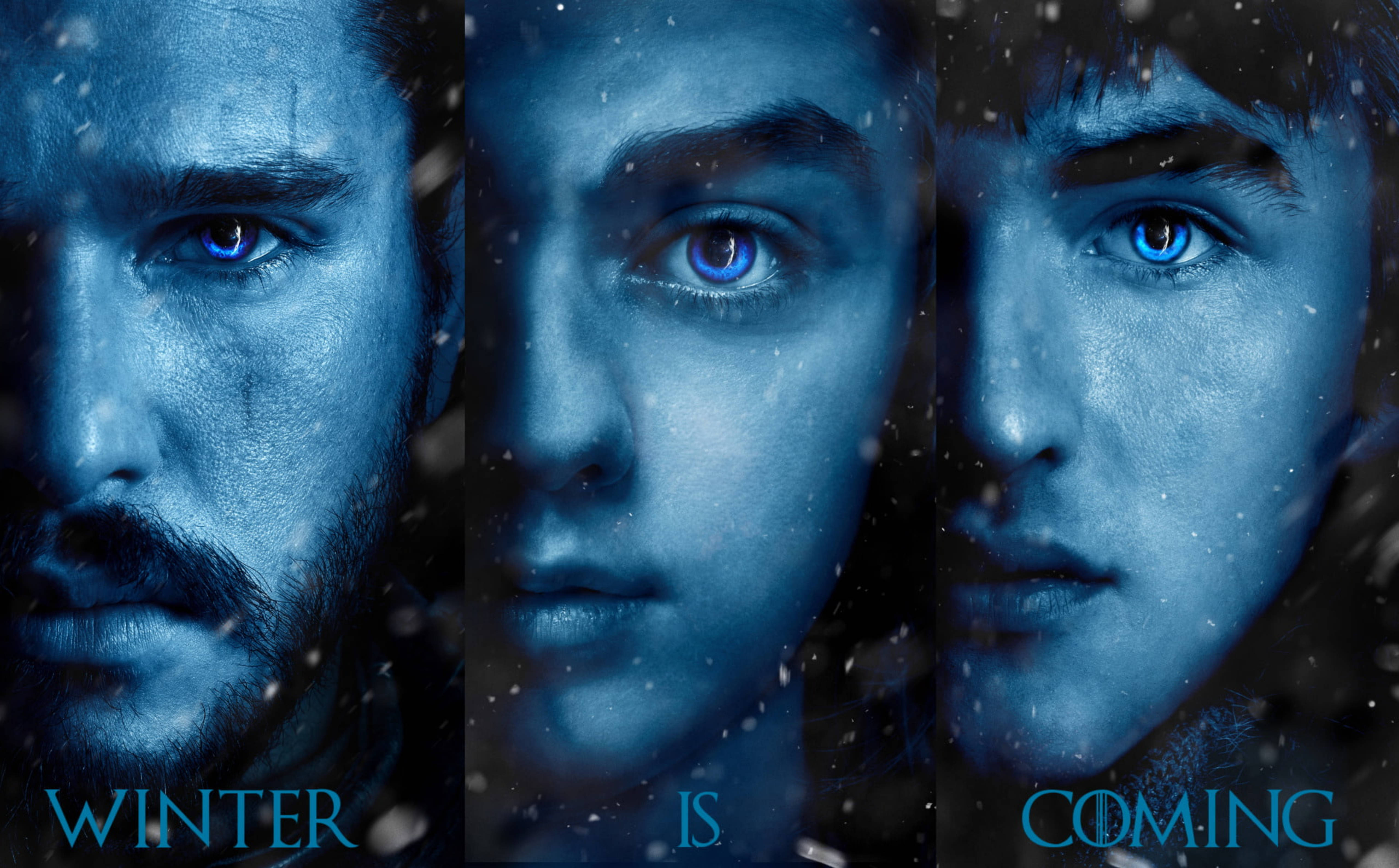 House Stark 桌布 壁紙 — 三個藍眼睛的強烈面孔透過落雪凝視，帶有冰藍色文字的短語 winter is coming。