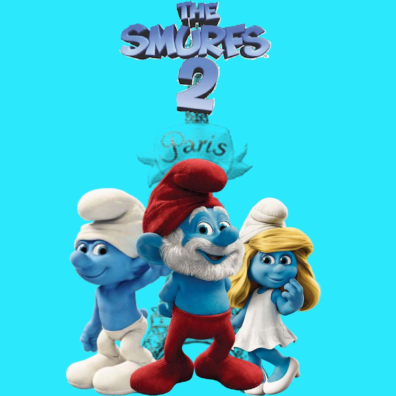 Cartoon Poster 桌布 壁紙 — 三個藍色小精靈角色站在明亮的藍色背景前，上方有『The Smurfs 2 Paris』標誌。