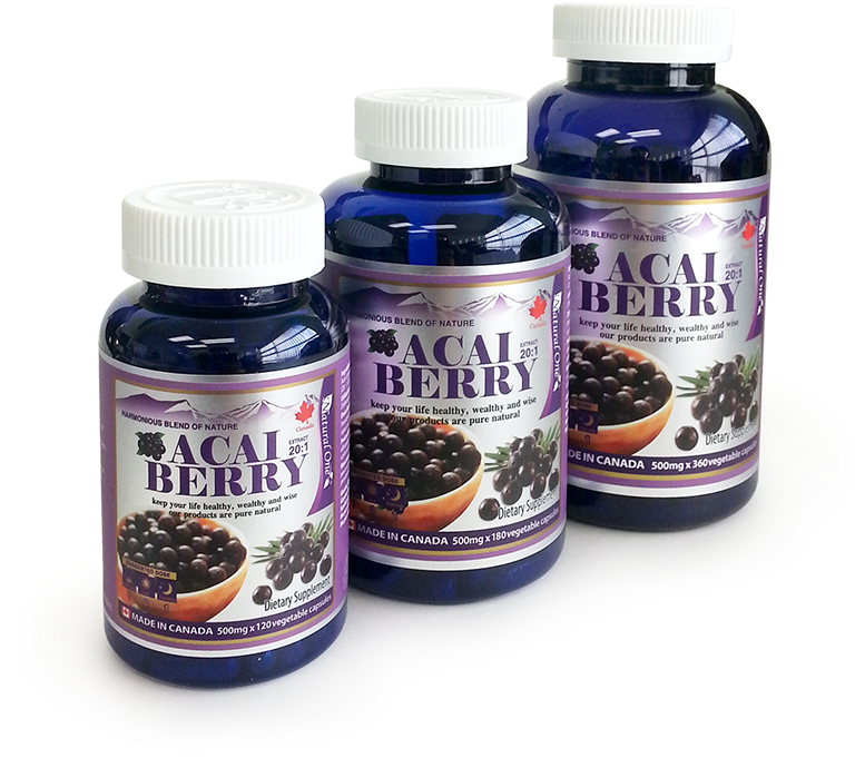 Vitamins 桌布 壁紙 — 三個藍色巴西莓補充劑瓶，白色蓋子，放在白色盤子上，黑色背景。