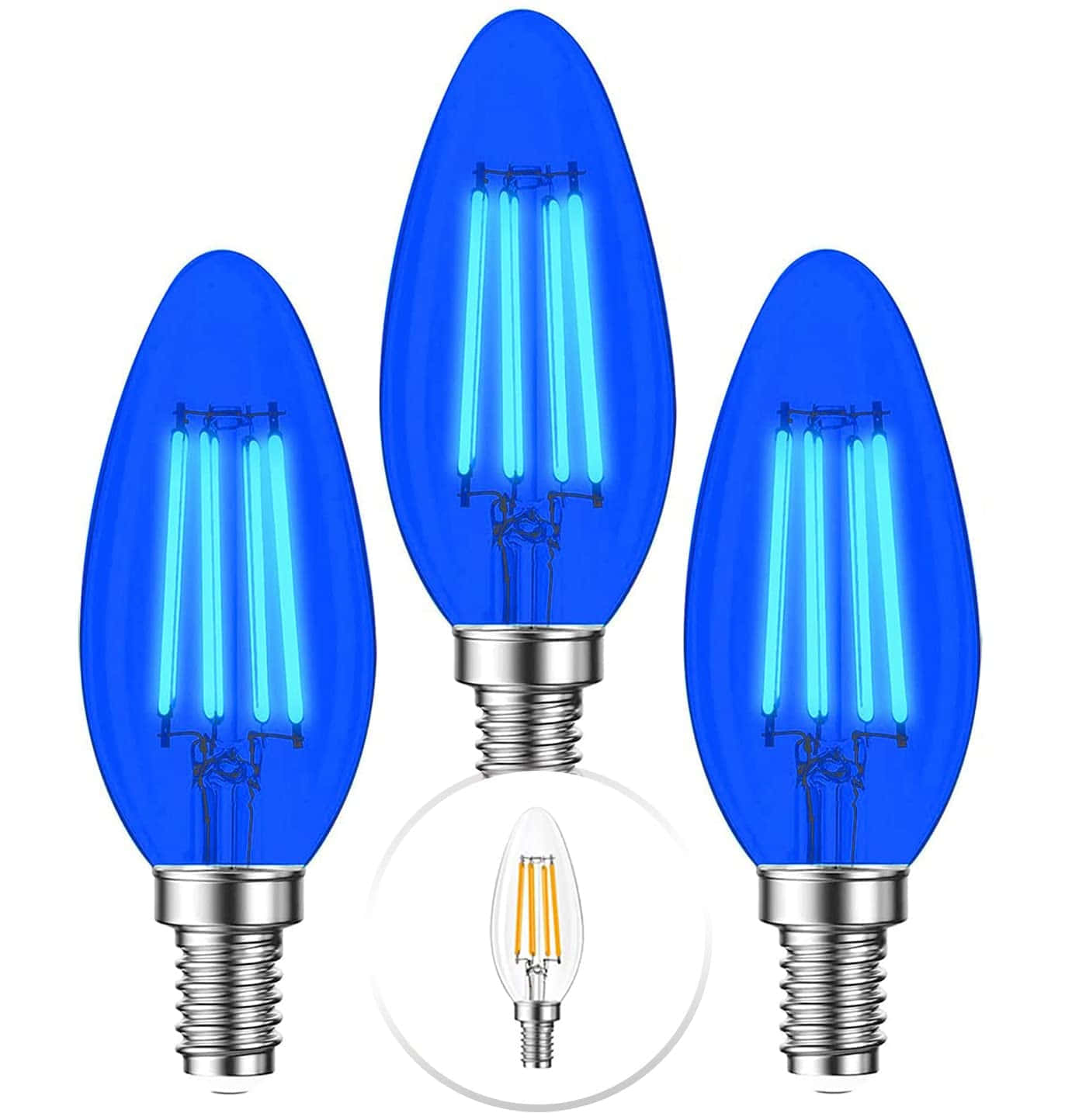Blue Light 桌布 壁紙 — 三個藍色玻璃蠟燭燈泡，帶有發光的燈絲和一個顯示暖光的透明燈泡嵌件。