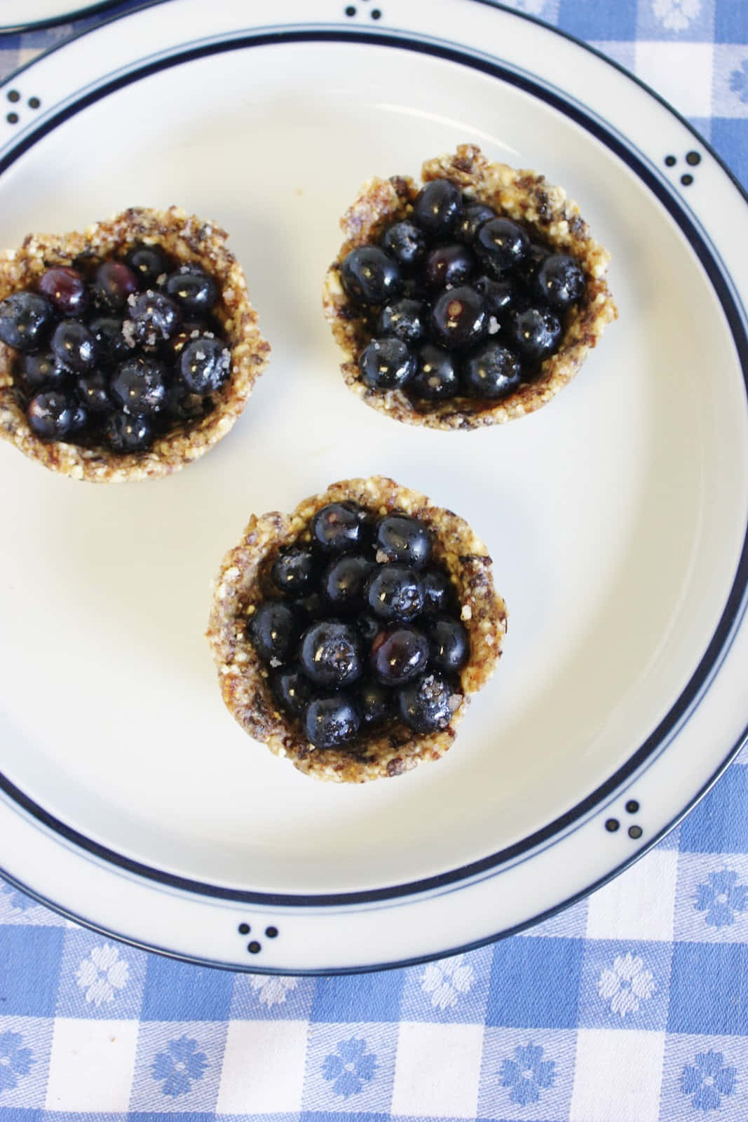 Blueberries Tart 桌布 壁紙 — 三個藍莓塔，帶有酥脆的塔皮，放在一個帶有海軍藍邊的白色盤子上，置於藍白格子桌布上。