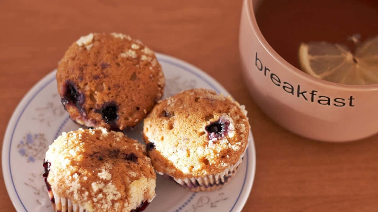 Pastry 桌布 壁紙 — 三個藍莓馬芬配糖霜，放在一個花卉圖案的盤子上，旁邊有一個粉紅色的「早餐」杯，杯裡有檸檬片。