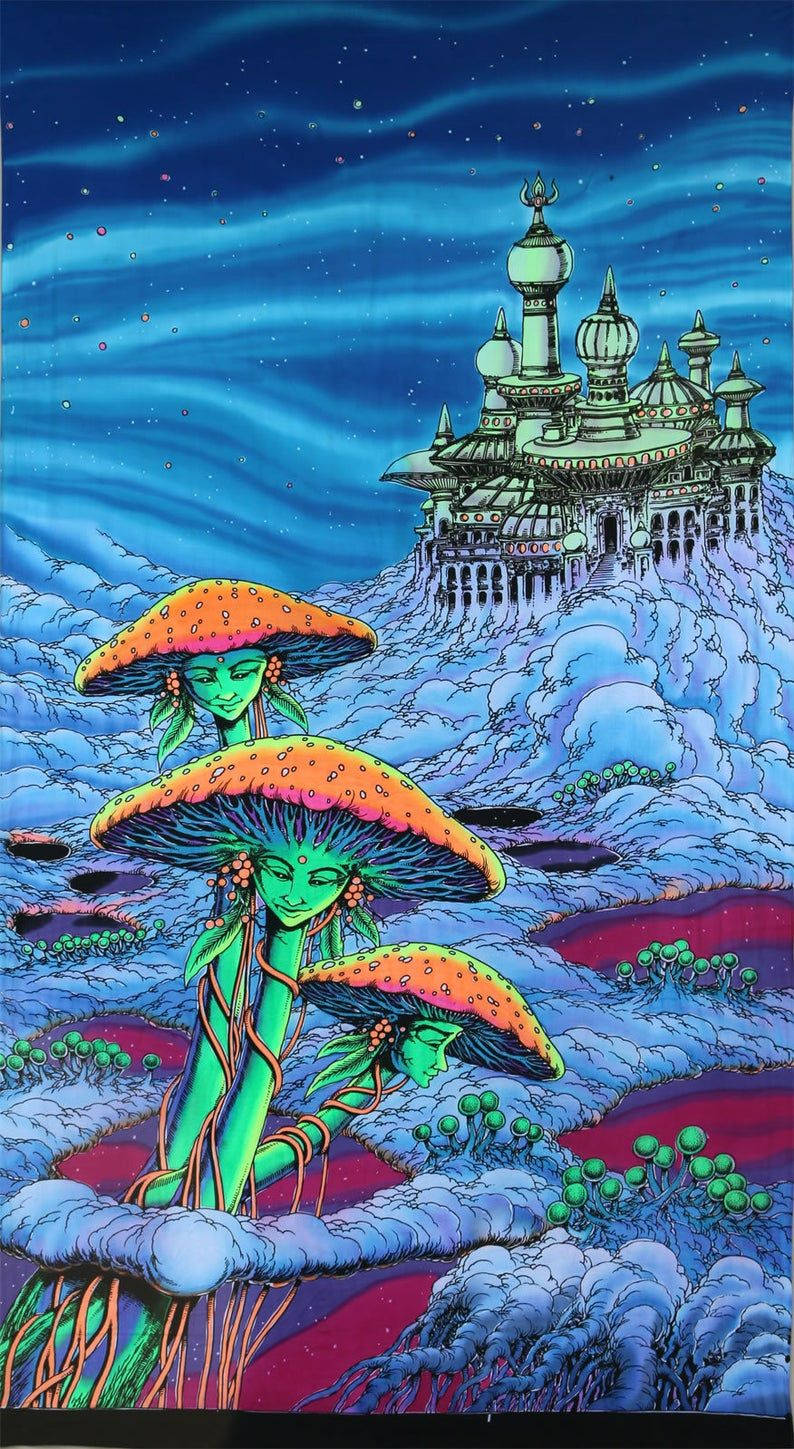 迷幻動圖 桌布 壁紙 — 三個蘑菇頭、發光綠色皮膚的人物站在一個漂浮的城堡前，背景是星空藍天。
