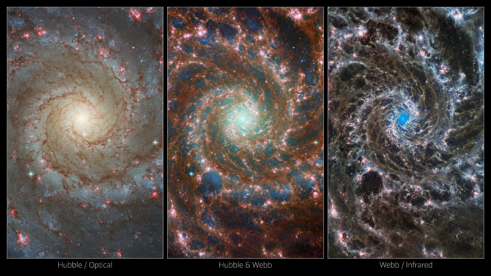 太空 桌布 壁紙 — 三個螺旋星系並排顯示，透過哈伯光學、哈伯韋伯和韋伯紅外線視圖揭示宇宙結構。