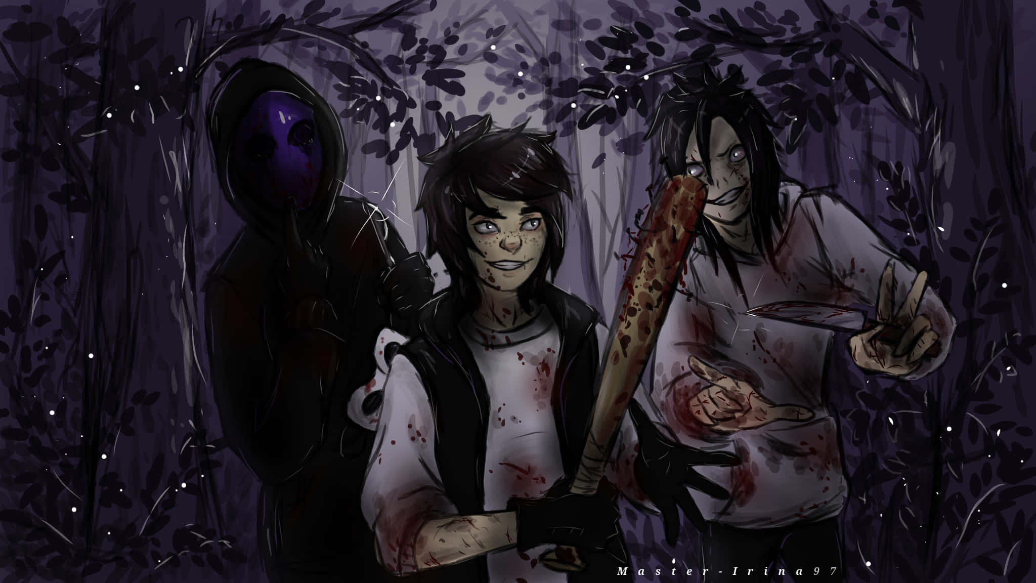 Jeff The Killer 桌布 壁紙 — 三個血淋淋的動漫角色在深紫色森林中威嚇地站立，一個拿著棒球棍，另一個拿著刀。