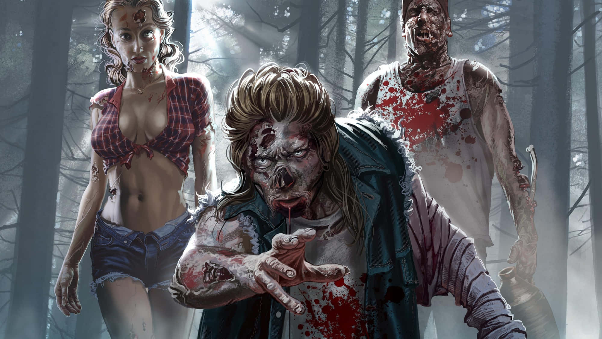 zombies 桌布 壁紙 — 三個血淋淋的殭屍在迷霧森林中潛伏，周圍有腐朽的樹木和詭異的燈光。