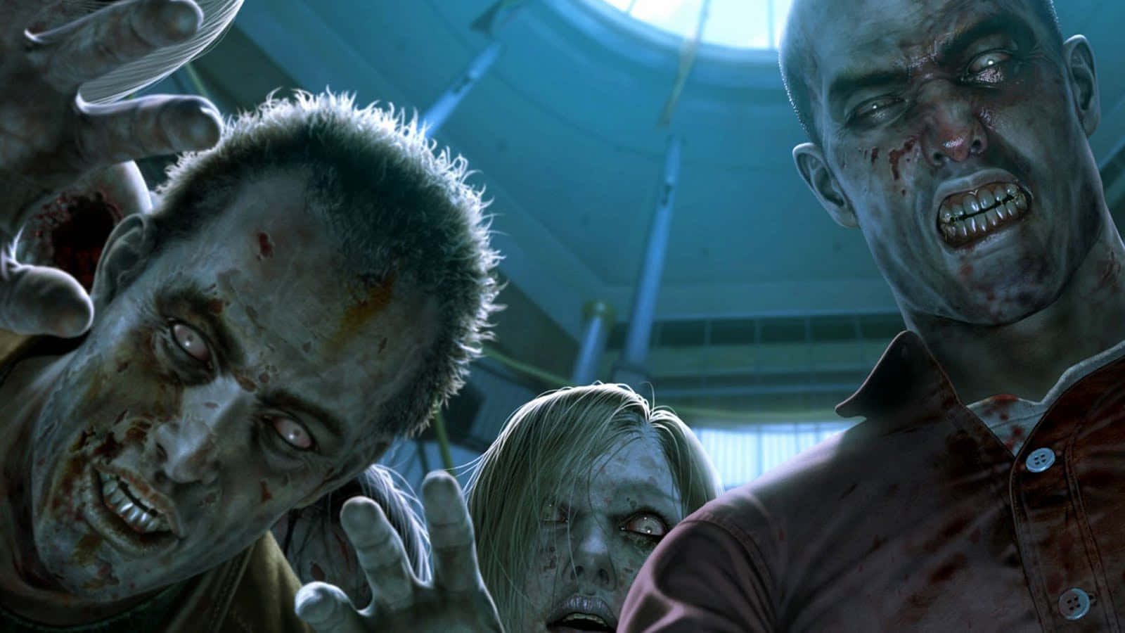 zombies 桌布 壁紙 — 三個血跡斑斑的殭屍帶著怪誕的表情，在光線昏暗的機構走廊中威脅性地逼近。