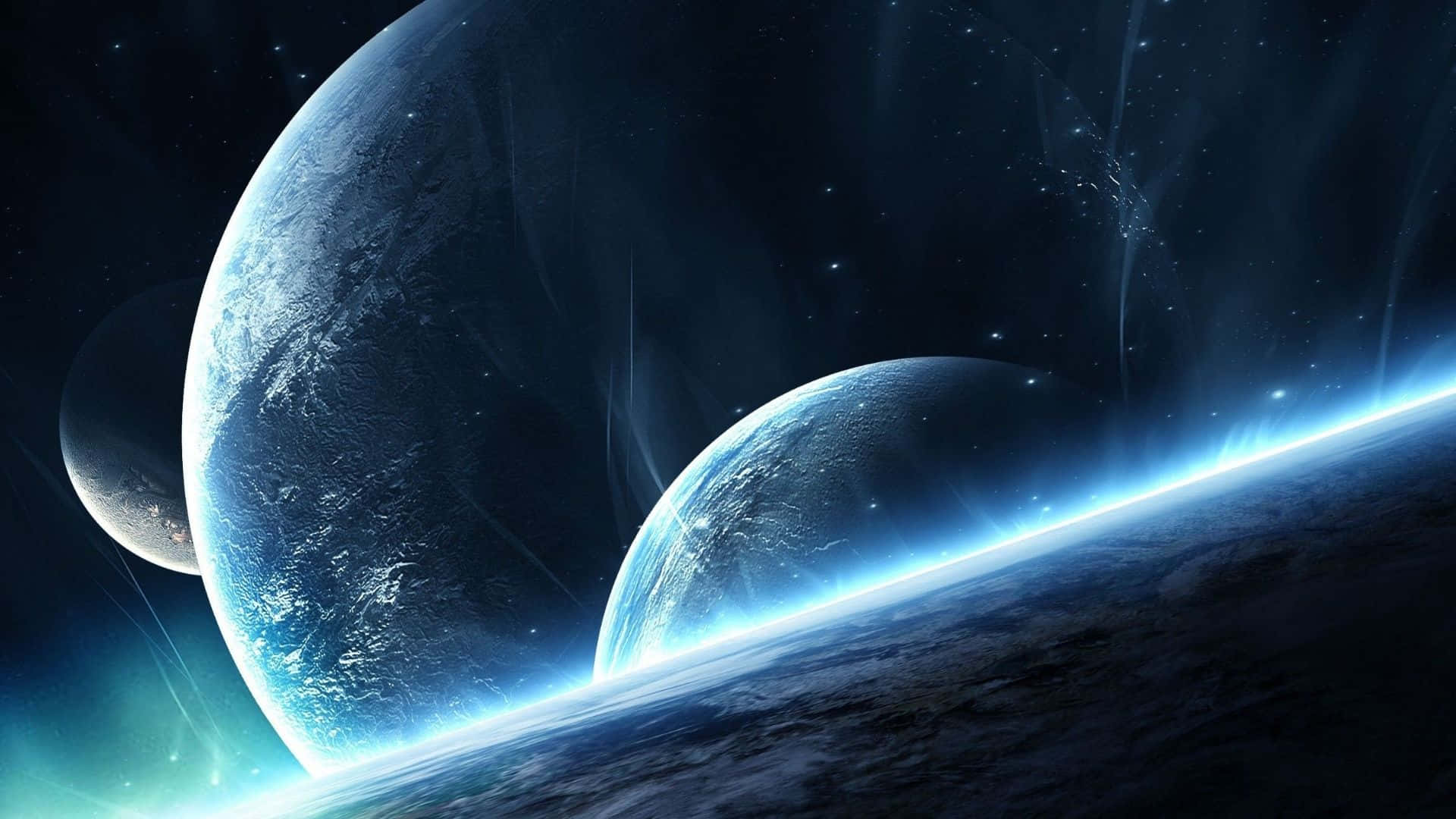 全高清 桌布 壁紙 — 三個行星在繁星宇宙背景下散發藍色極光的壯麗景象。