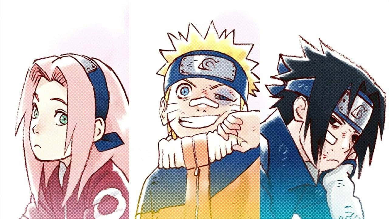 Naruto Manga 桌布 壁紙 — 三個表情各異、戴著頭帶的動漫角色並排站在柔和的漸變背景前。