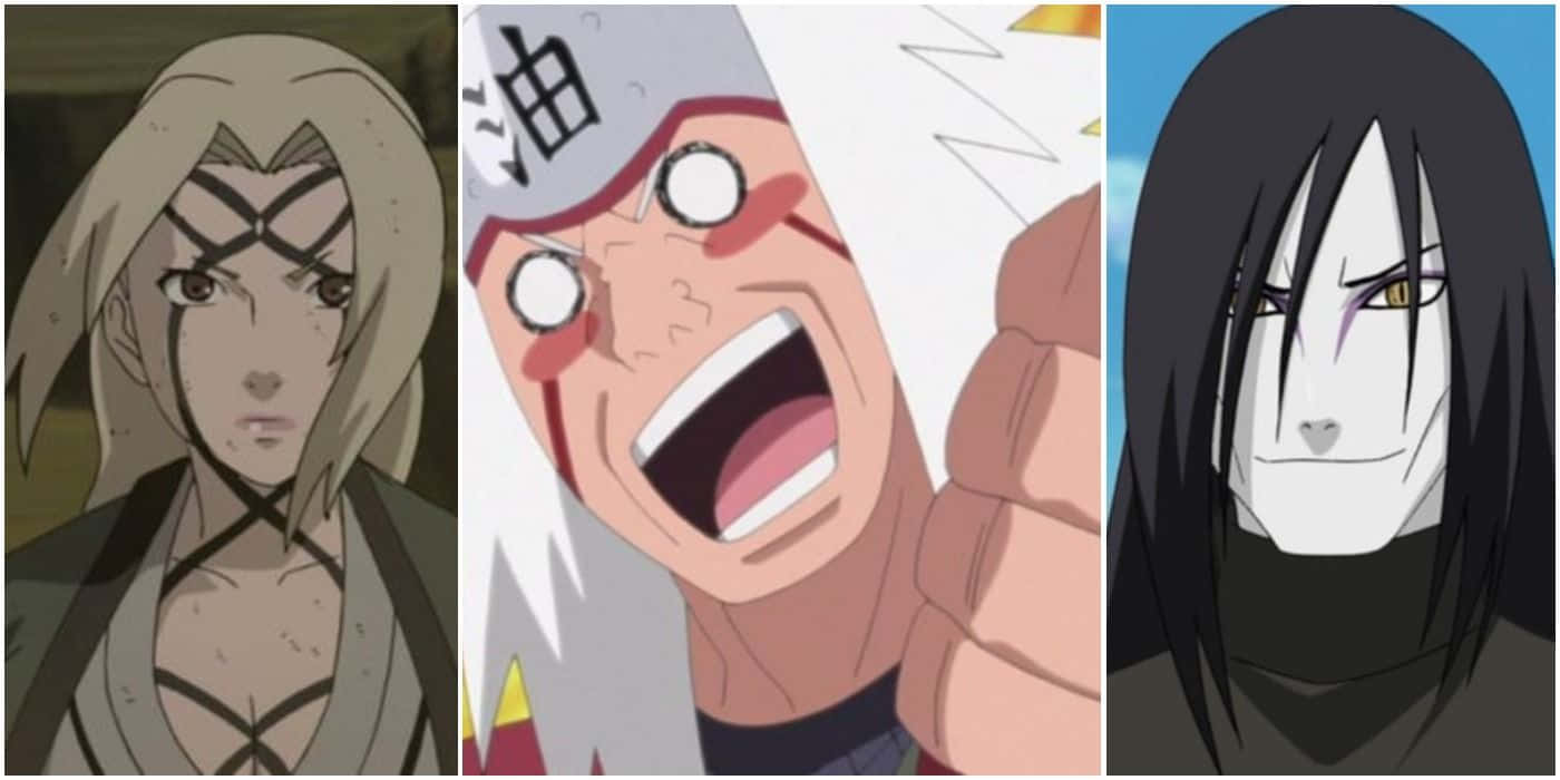 Legendary Sannin 桌布 壁紙 — 三個表情和服飾各異的動漫角色，包括一個戴面具的人物和一個戴頭帶大喊的男人。