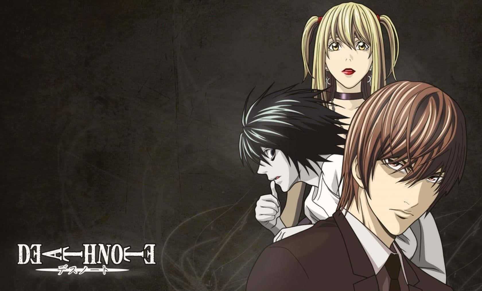 Death Note 4K 桌布 壁紙 — 三個表情嚴肅的動漫角色站在帶有Death Note標誌的深色紋理背景前。