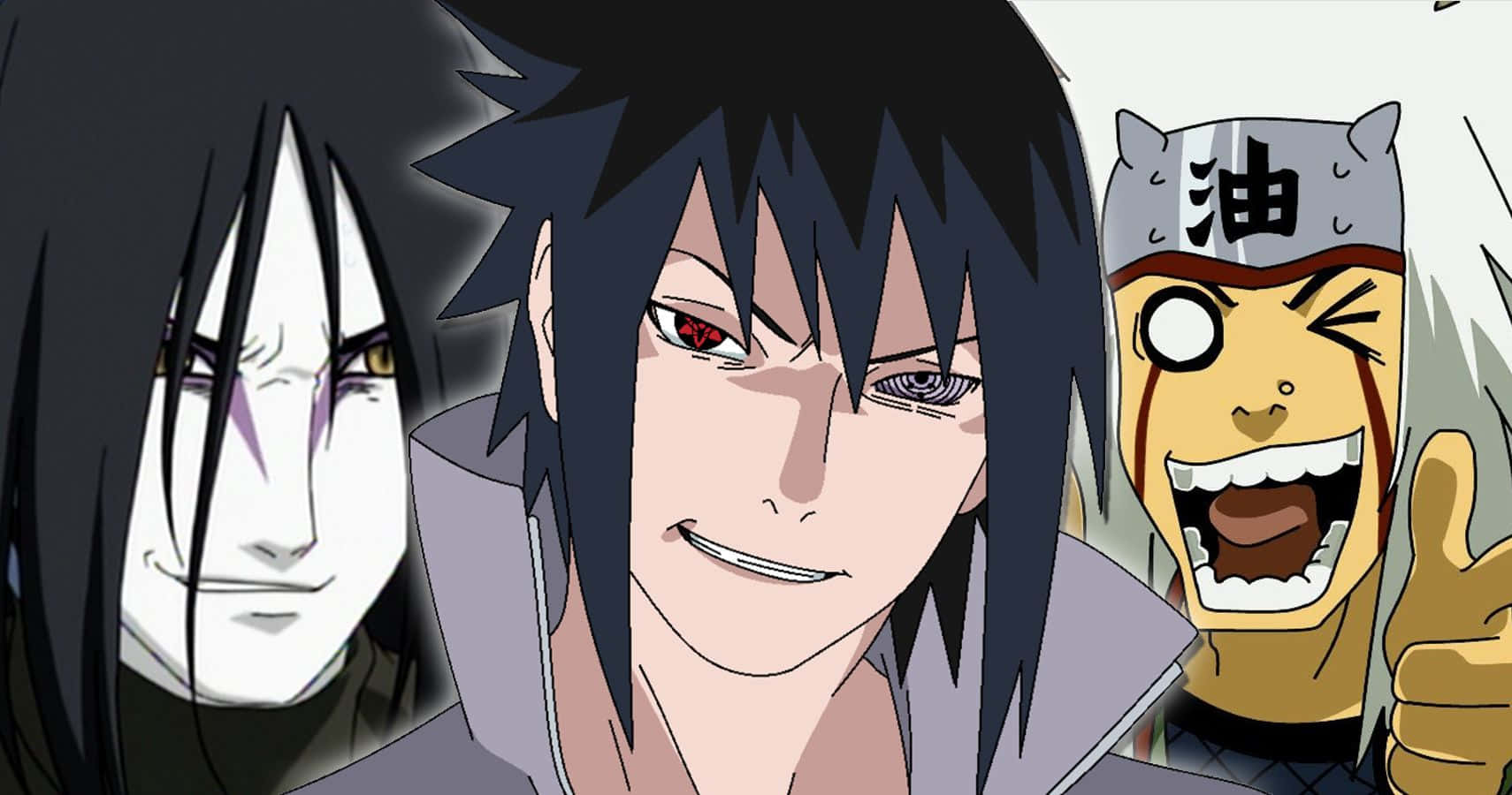 Sasuke Naruto 桌布 壁紙 — 三個表情強烈、眼睛設計獨特的動漫角色在純色背景前戲劇性地擺姿勢。