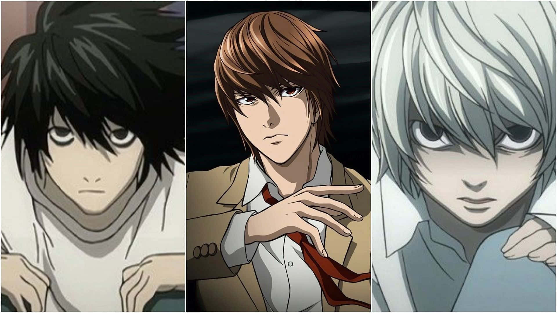 Sad Anime Death 桌布 壁紙 — 三個表情強烈、髮色鮮明的動漫角色在戲劇性燈光下並肩站立。