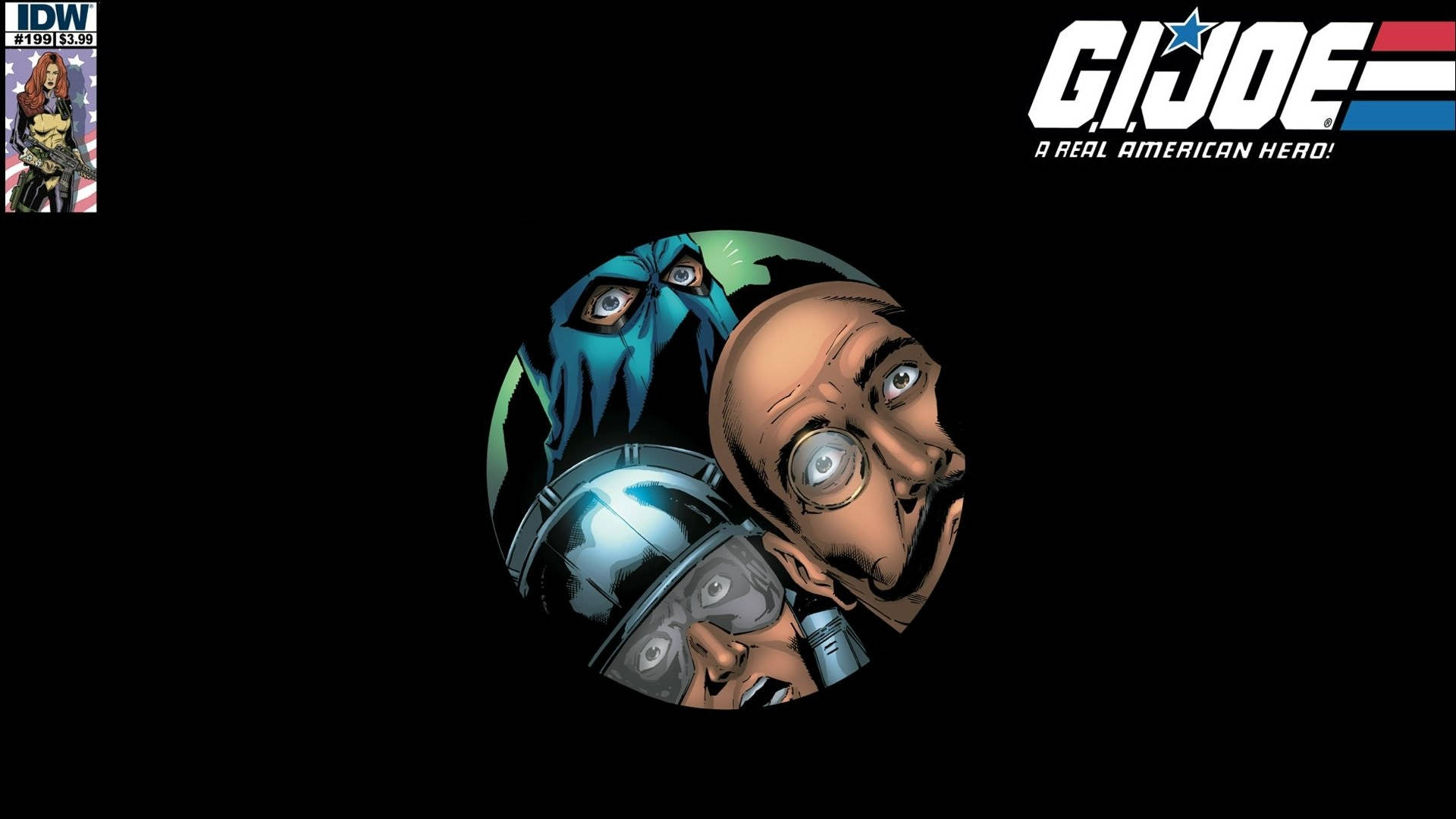 Gi Joe 桌布 壁紙 — 三個表情強烈的G.I. Joe角色從圓形框架中凝視著黑色背景。