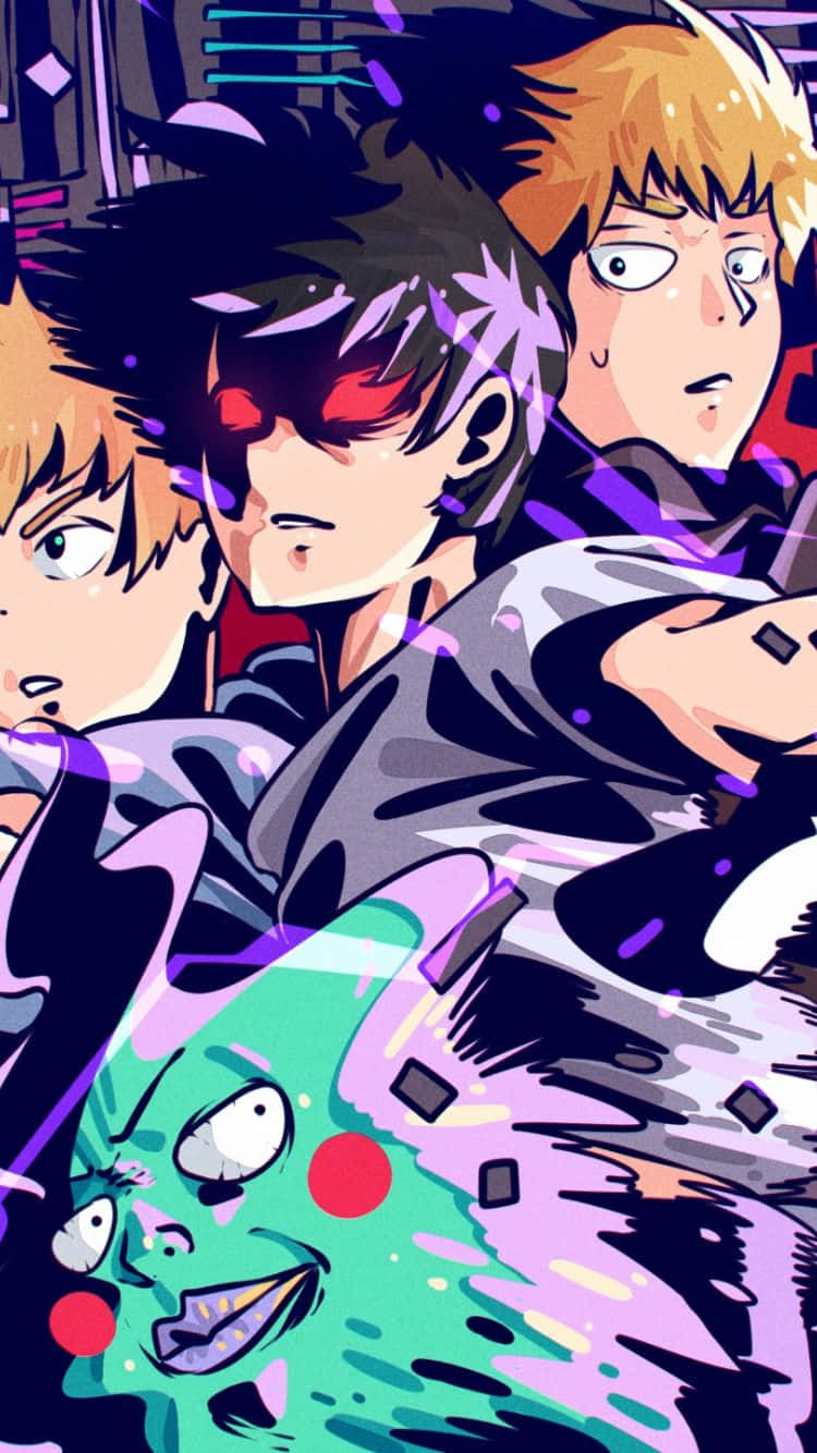 Mob Psycho iPhone 桌布 壁紙 — 三個表情強烈的動漫角色被充滿活力的紫色和綠色能量效果包圍。