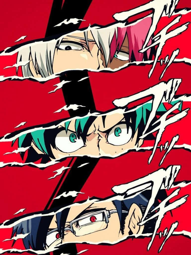 My Hero Academia Anime 桌布 壁紙 — 三個表情強烈的動漫角色透過撕裂的紅紙窺視，帶有動態運動線條。