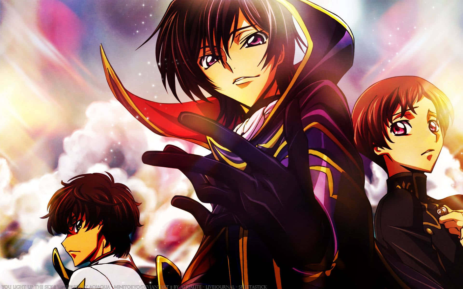 lelouch lamperouge 桌布 壁紙 — 三個表情戲劇化的動漫角色站在充滿雲朵和星光的發光宇宙天空前。