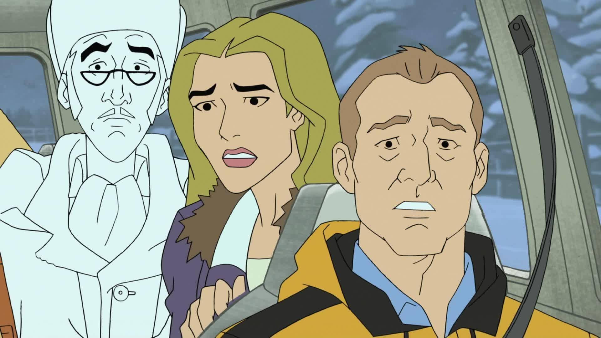 Animated 桌布 壁紙 — 三個表情擔憂的動畫角色在雪地行車時坐在車內。