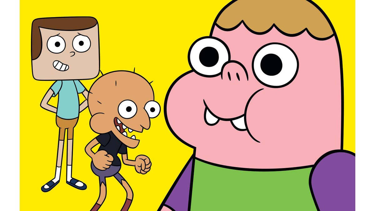 Animated 桌布 壁紙 — 三個表情誇張的卡通人物站在明亮的黃色背景前。