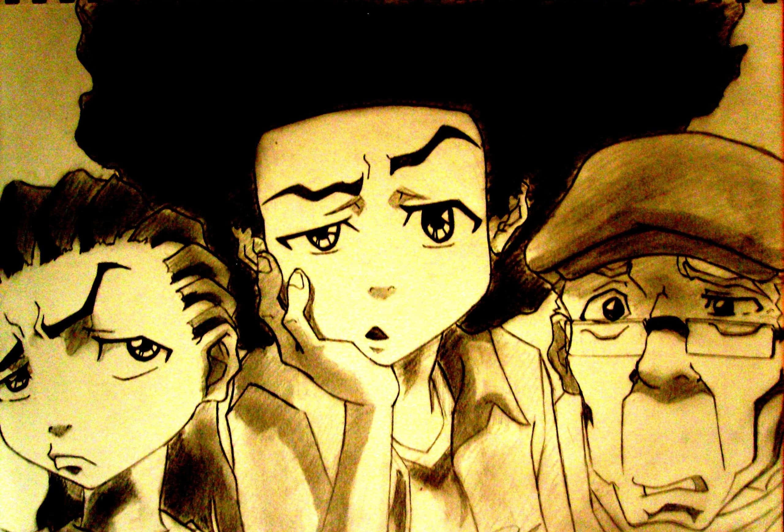 Boondocks 桌布 壁紙 — 三個表情豐富、憂心忡忡的動漫角色，以懷舊褐色素描風格呈現。