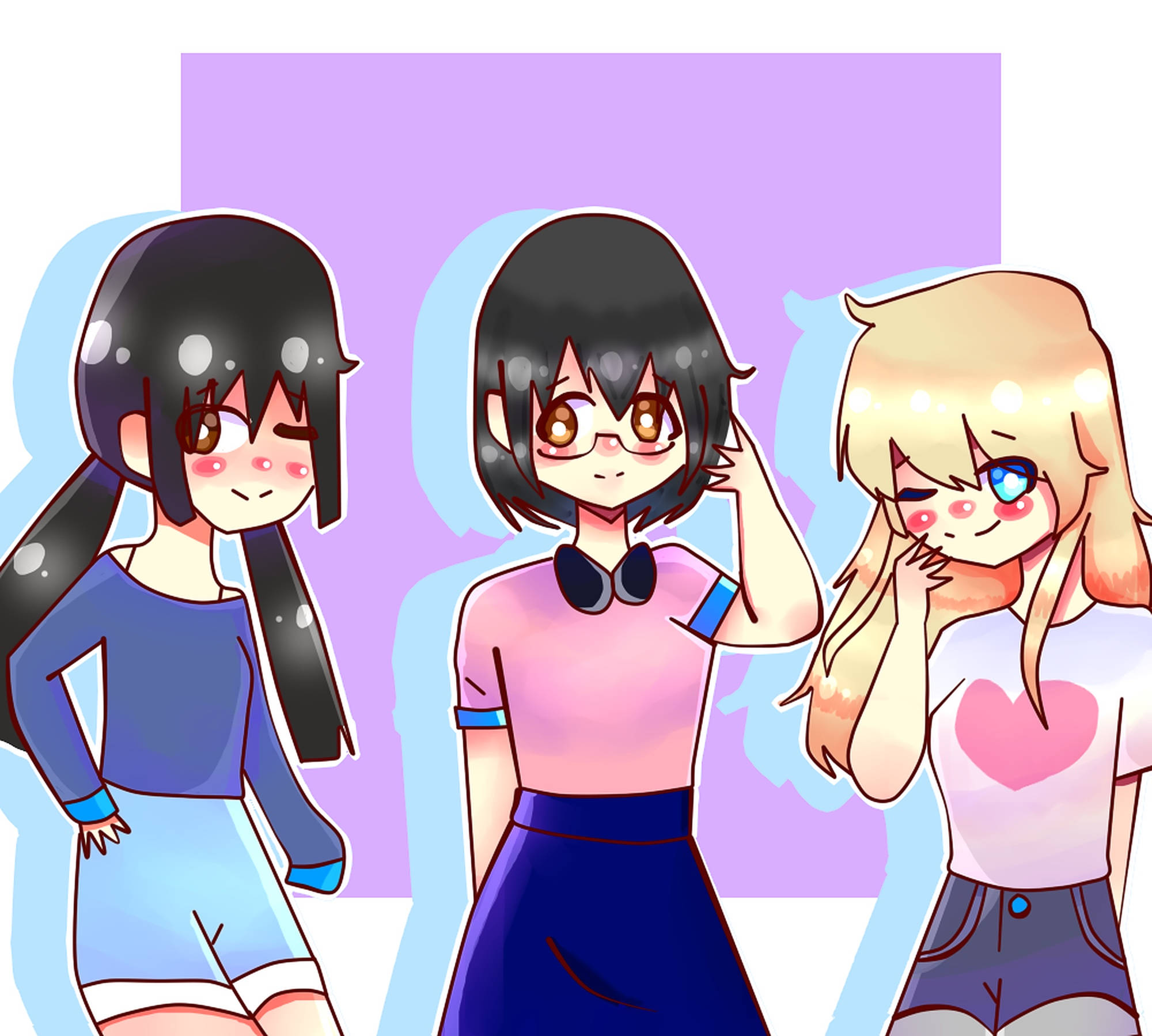 asobi asobase 桌布 壁紙 — 三個表情豐富、臉頰泛紅的動漫女孩站在柔和的紫色背景上，帶有淺藍色輪廓。
