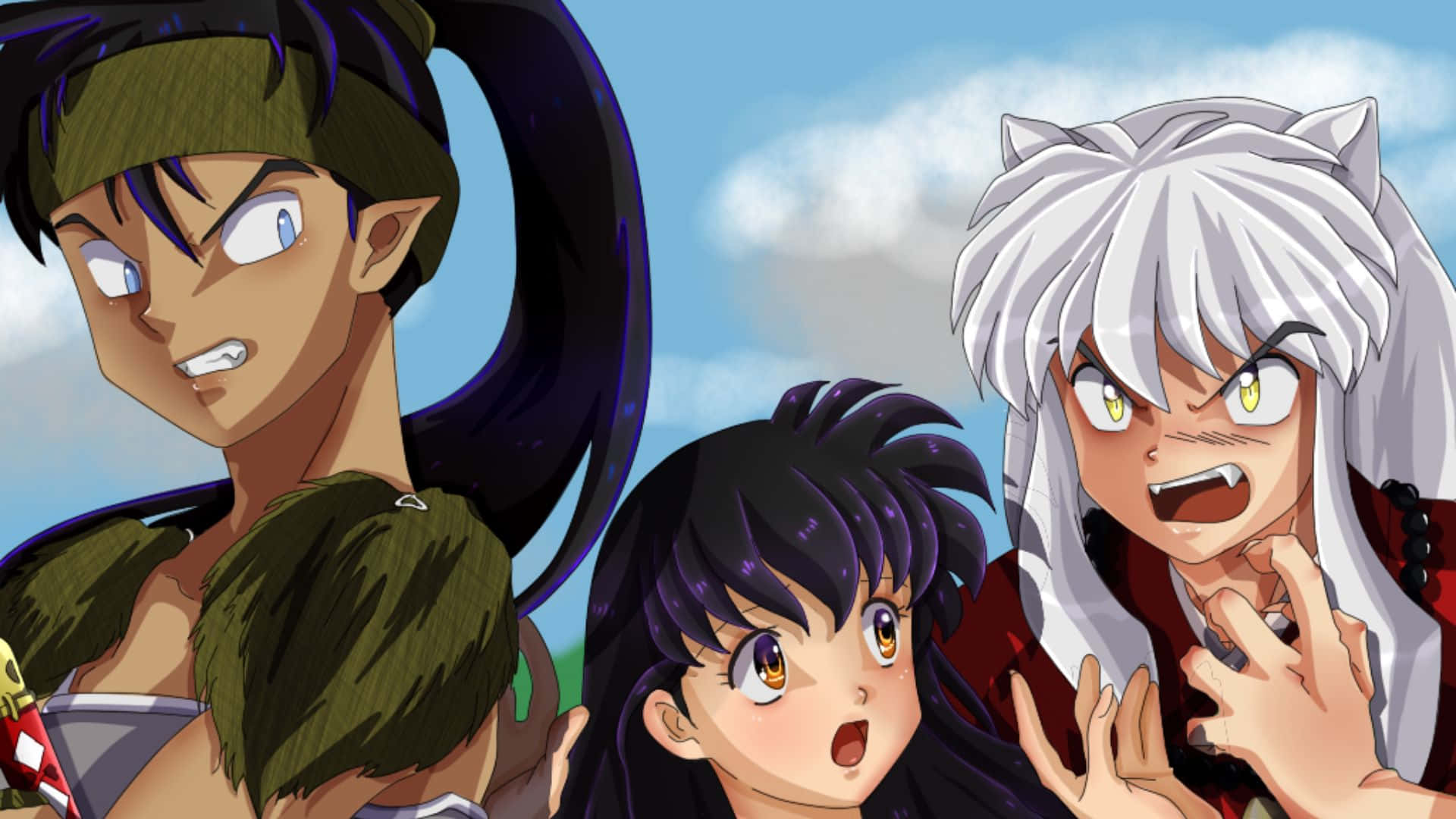 Inuyasha Koga 桌布 壁紙 — 三個表情豐富、色彩鮮豔的動漫角色站在藍天白雲下。