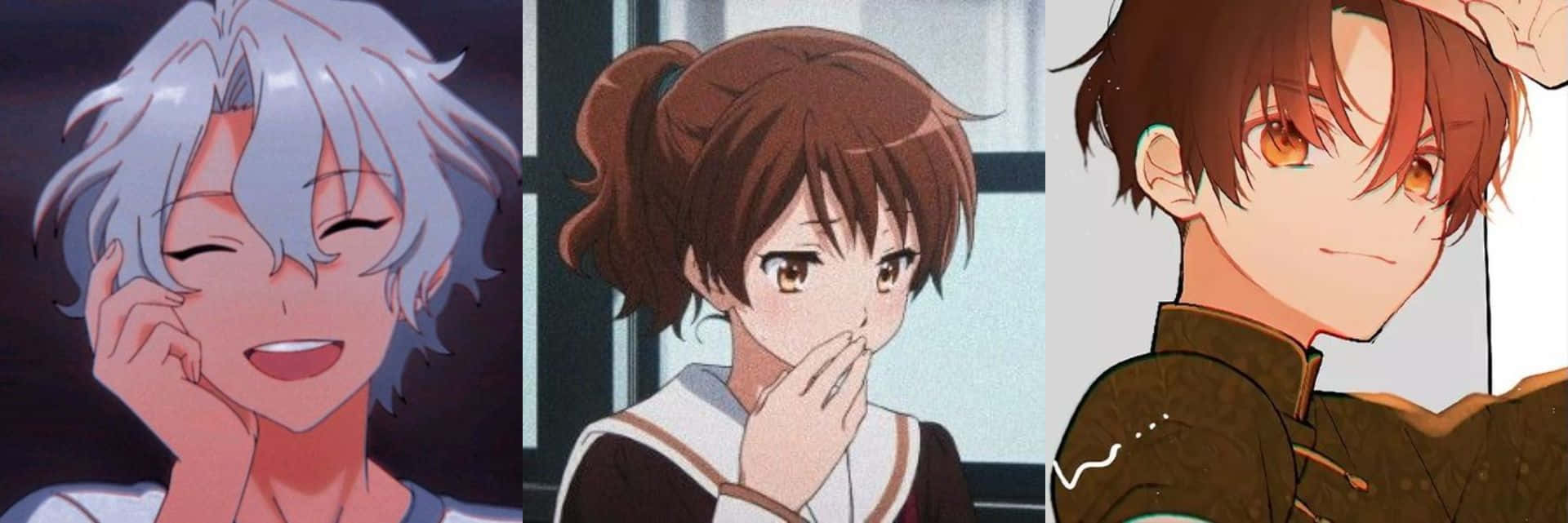 動漫 桌布 壁紙 — 三個表情豐富、髮色鮮明的動漫角色在充滿活力的數位插圖中微笑或俏皮地作出反應。