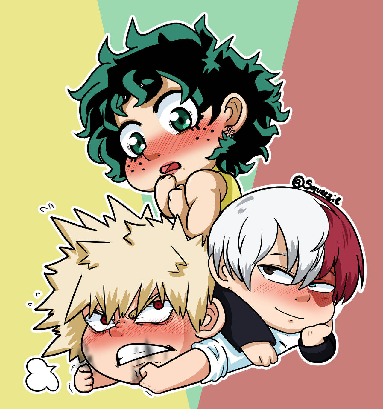 Deku X Todoroki X Bakugou 桌布 壁紙 — 三個表情豐富的Q版動漫角色，搭配色彩繽紛的背景，呈現出俏皮動感。