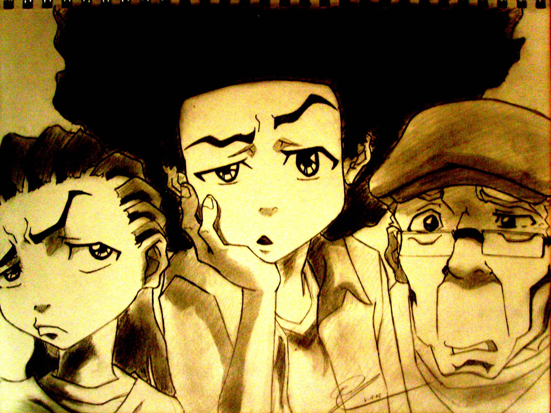 Illustration Art 桌布 壁紙 — 三個表情豐富的動漫角色，以深褐色調素描風格繪製，帶有粗線條輪廓和陰影。