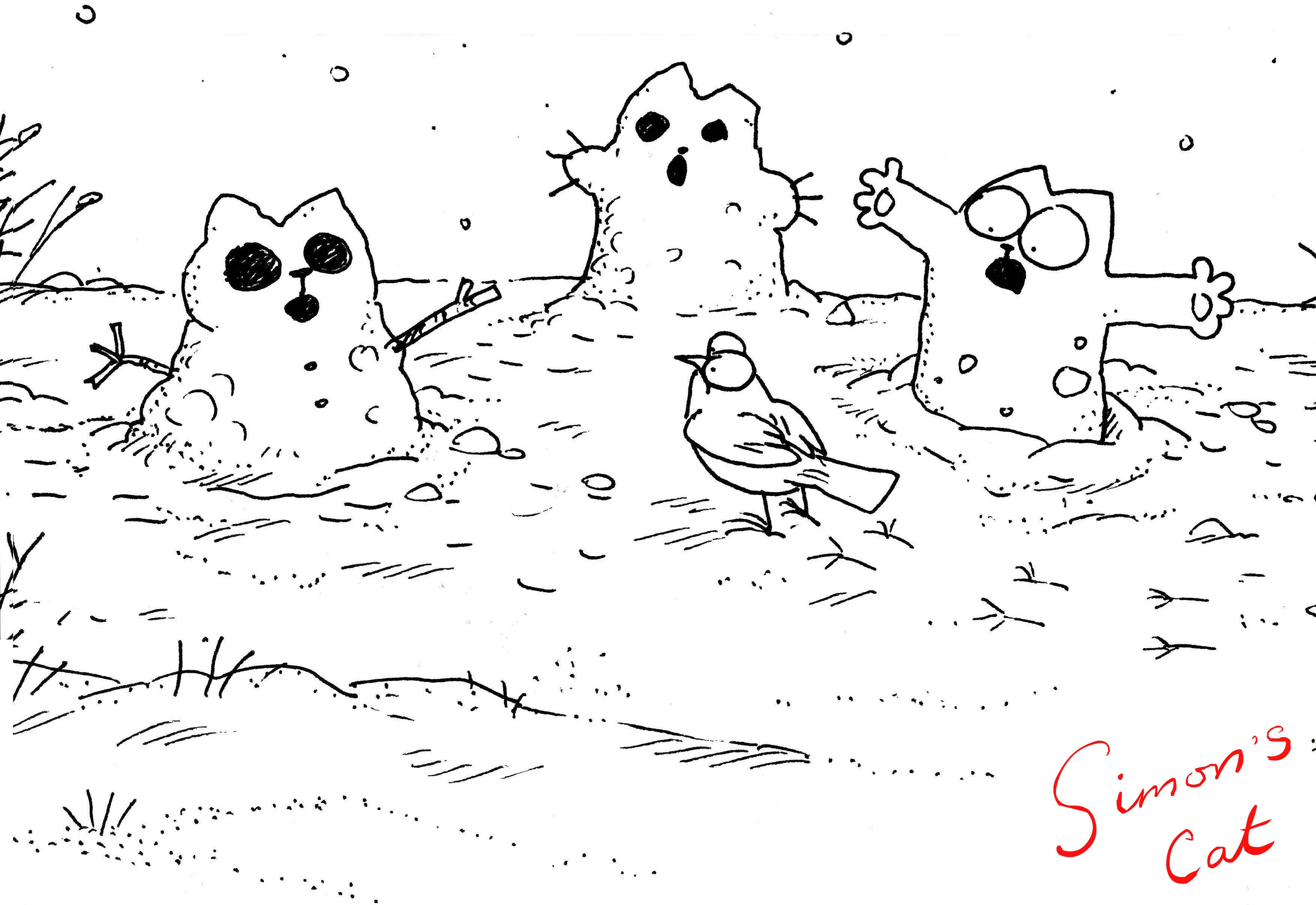 Cartoon 桌布 壁紙 — 三個表情豐富的卡通雪人和一隻小鳥站在雪地上，雪花飄落。