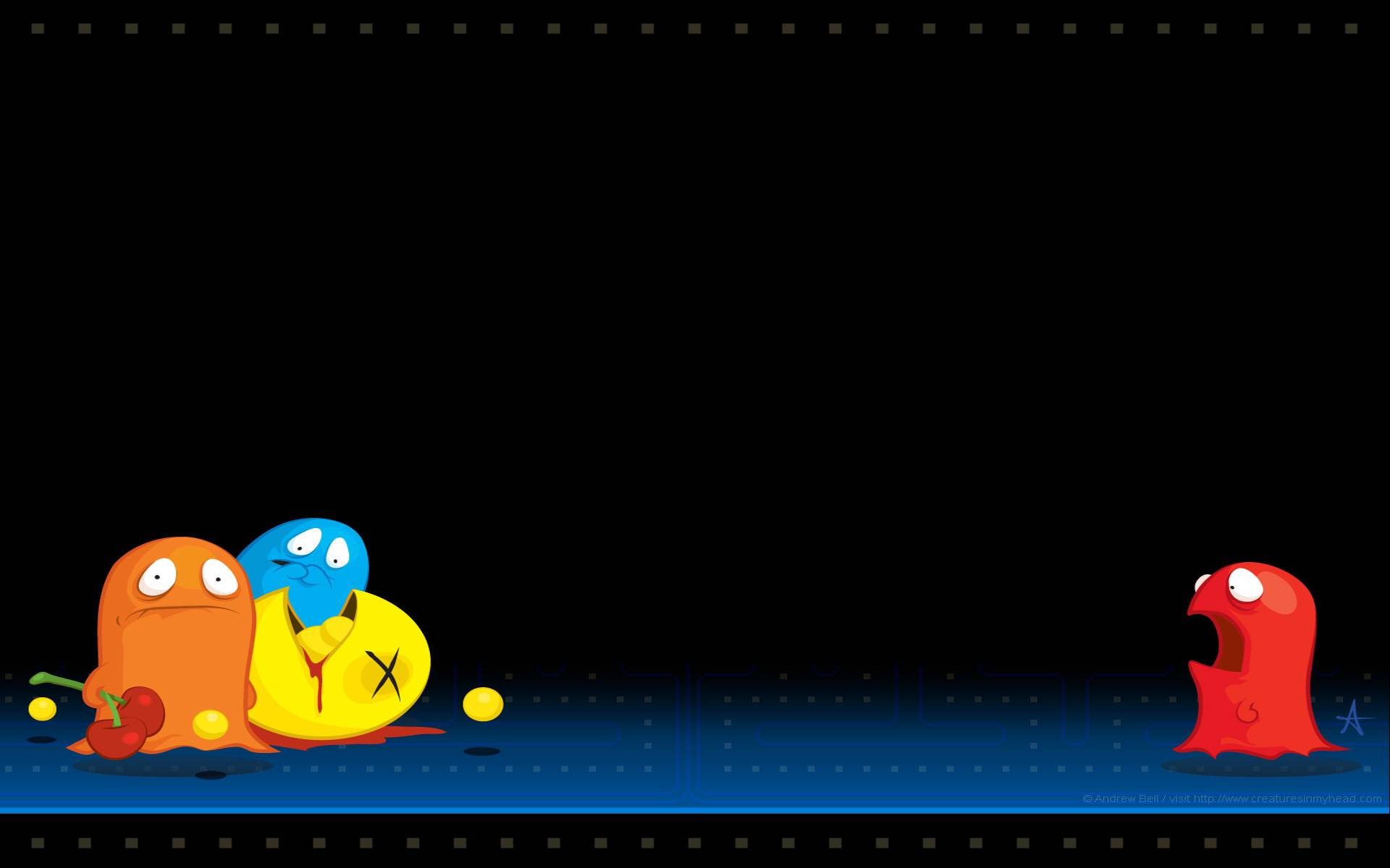 搞笑 桌布 壁紙 — 三個表情豐富的卡通風格 Pac-Man 鬼魂站在黑色背景上發光的藍色網格上。