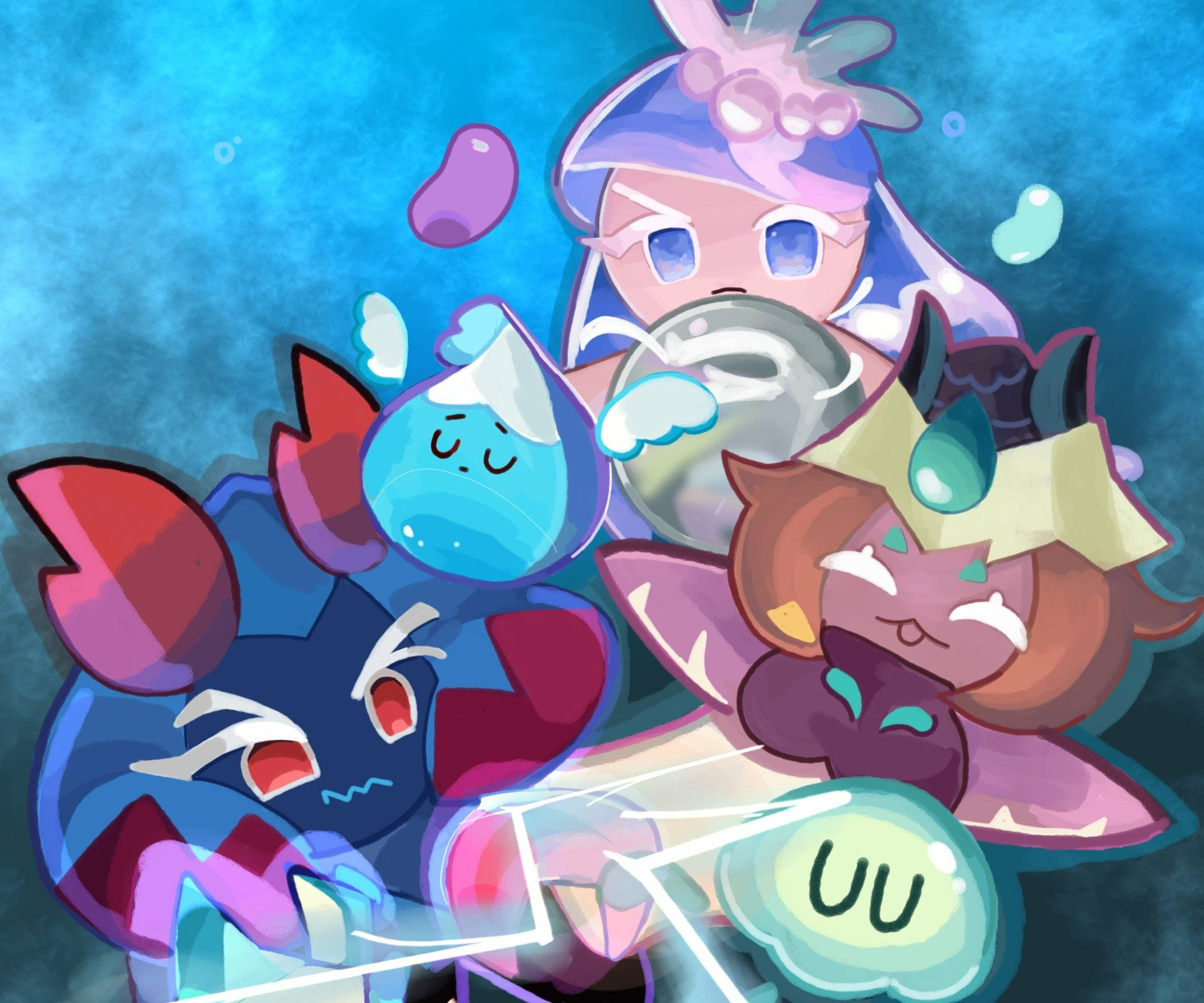 Cookie Run 桌布 壁紙 — 三個表情豐富的可愛動漫角色漂浮在充滿氣泡的藍色水下場景中。