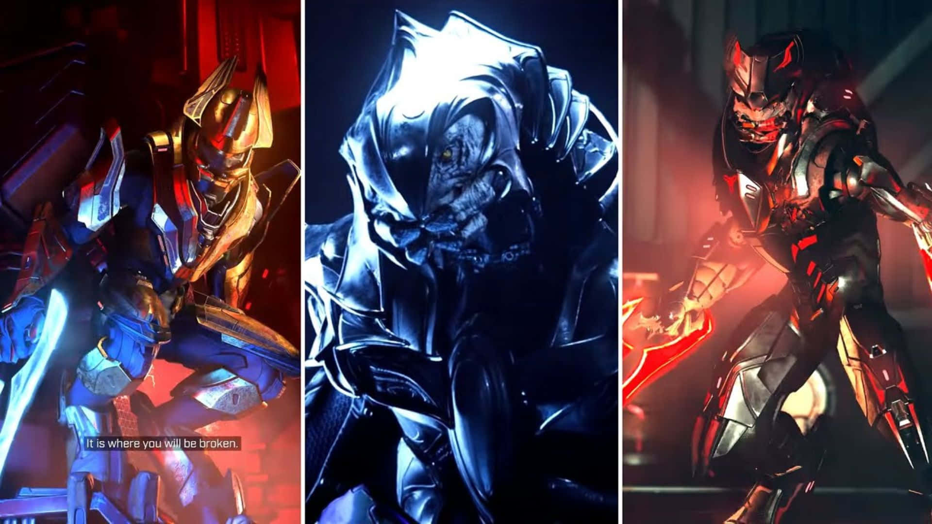 Sangheili 桌布 壁紙 — 三個裝甲機械戰士，在戲劇性的電影燈光下，帶有紅色和藍色高光。