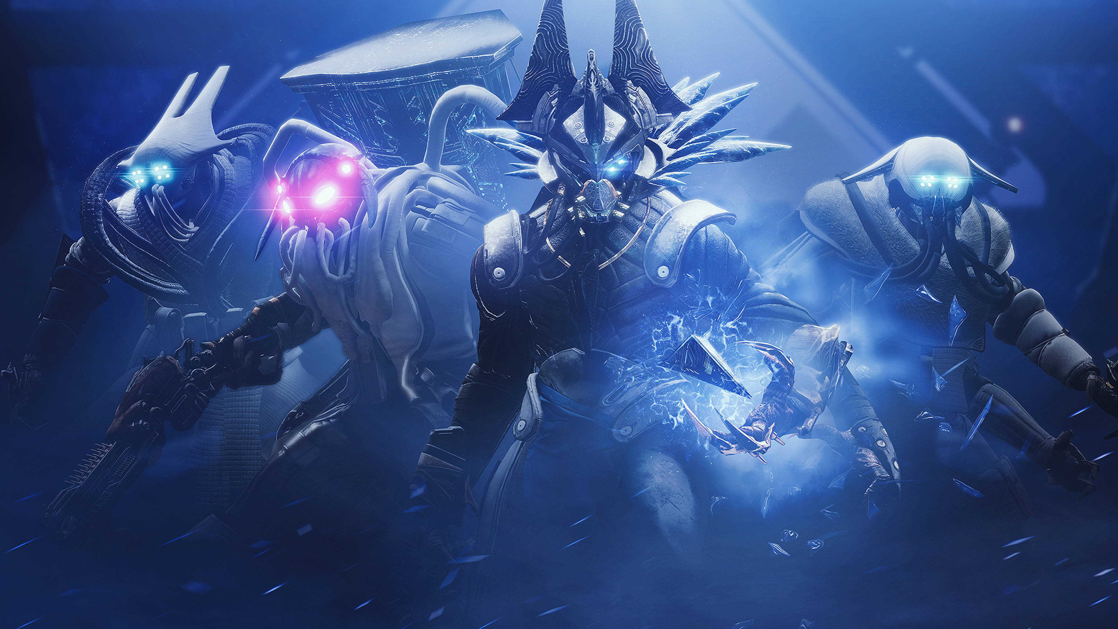 Destiny 2 桌布 壁紙 — 三個裝甲機械戰士，擁有發光的眼睛和鋒利的尖刺，站在深藍色的未來戰場上。