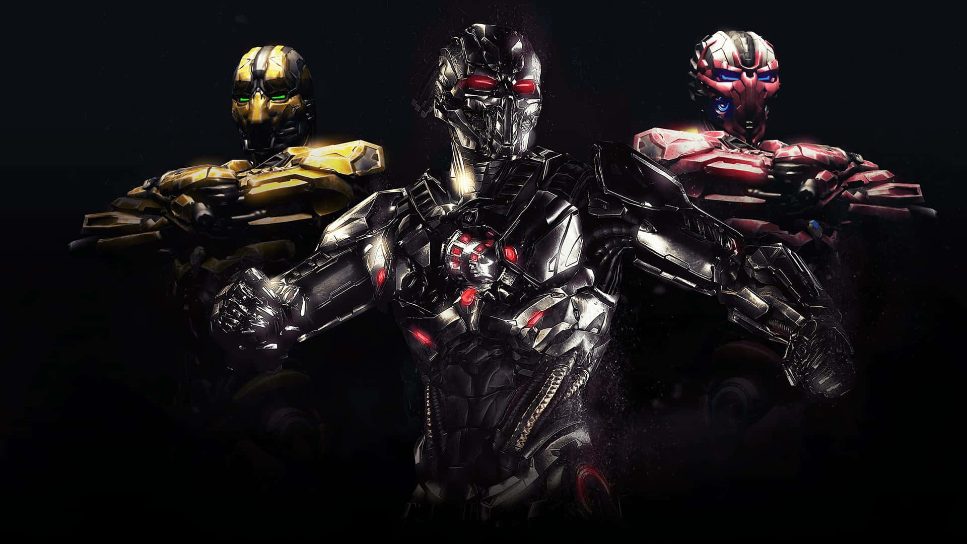 Mortal Kombat Triborg 桌布 壁紙 — 三個裝甲機械戰士，眼睛發光，在黑色背景下以黑暗、戲劇性的姿勢站立。