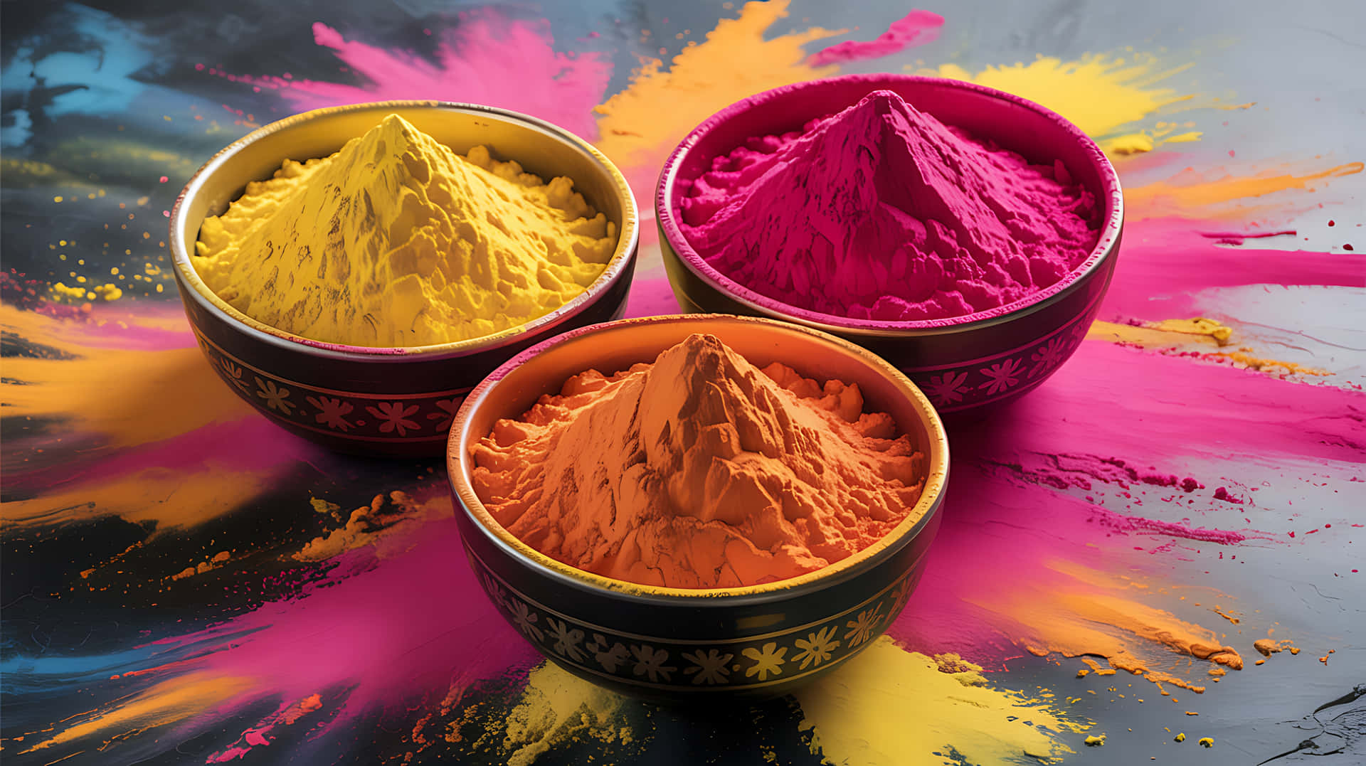 Vibrant holi powder colors in bowls 壁紙 — 三個裝飾碗盛滿鮮豔的黃色、粉紅色和橙色粉末，背景是濺灑的彩虹。