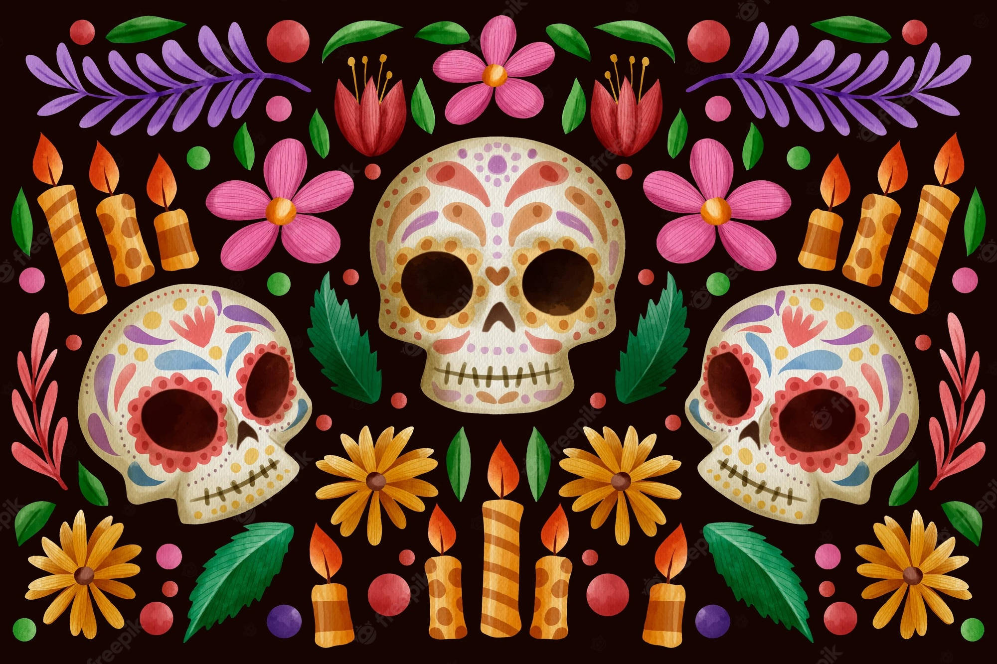Dia De Los Muertos 桌布 壁紙 — 三個裝飾鮮豔的糖骷髏，周圍環繞著色彩繽紛的花朵、蠟燭和葉子，背景為深色。