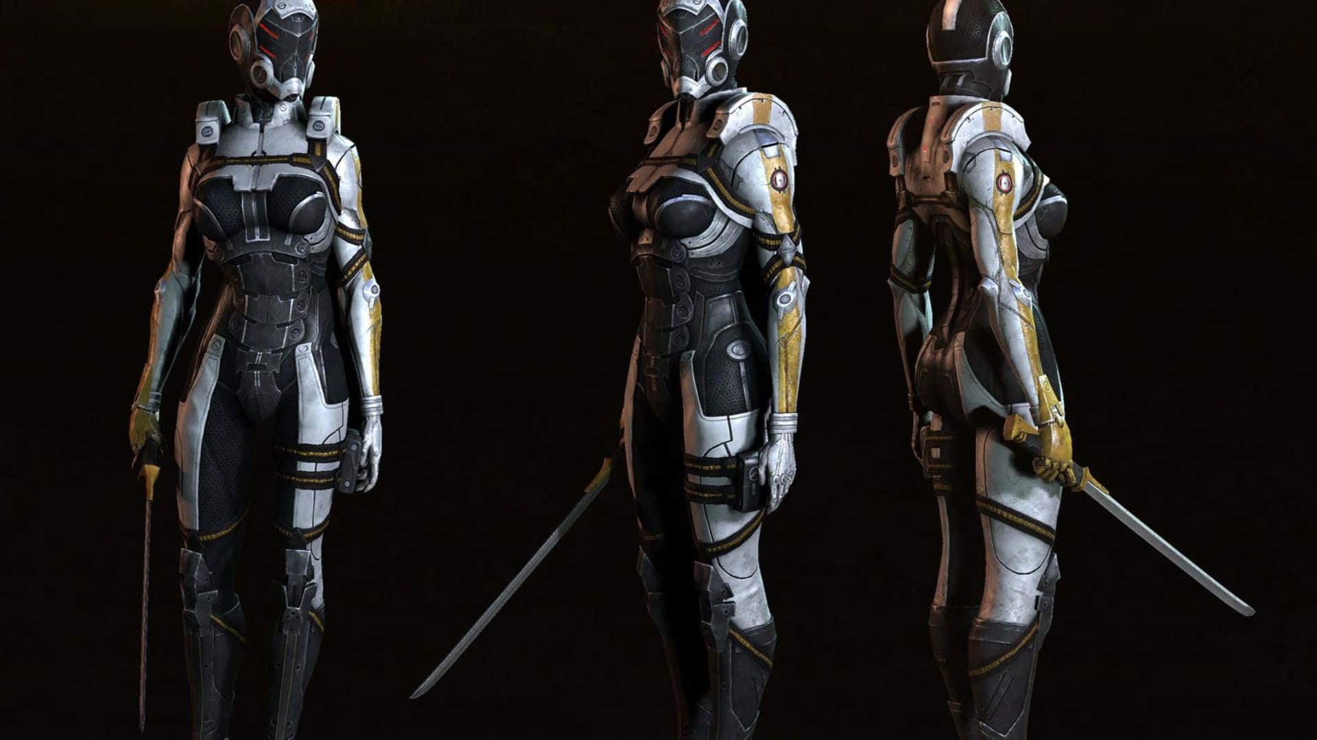 Mass Effect Cerberus 桌布 壁紙 — 三個視角展示一位未來派女戰士，身穿流線型銀色和金色盔甲，手持劍，背景為深色。