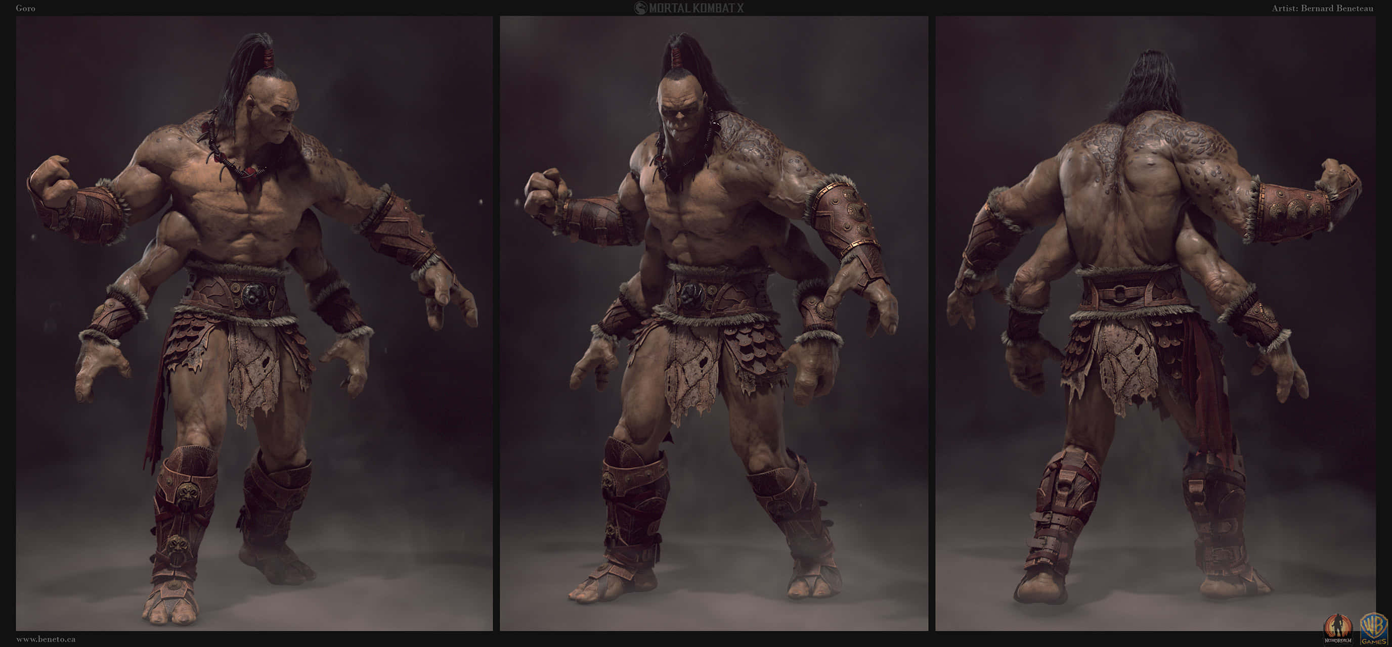 Mortal Kombat Goro 桌布 壁紙 — 三個視角展示一位肌肉發達的奇幻戰士，身穿部落盔甲、梳著辮子，背景是煙霧瀰漫的黑暗環境。