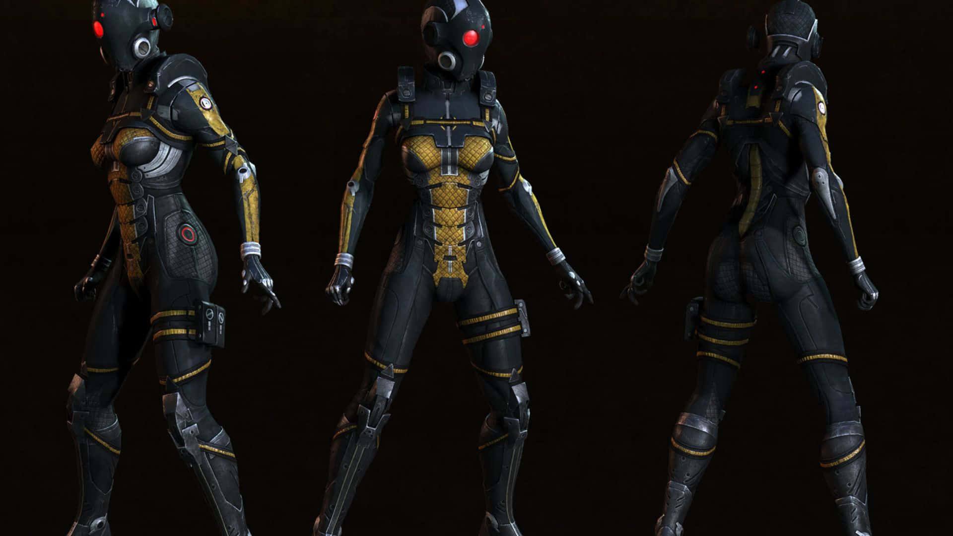 Mass Effect Cerberus 桌布 壁紙 — 三個視角展示一位身穿黑金裝甲服、眼睛發出紅光的女性科幻士兵，背景為黑色。