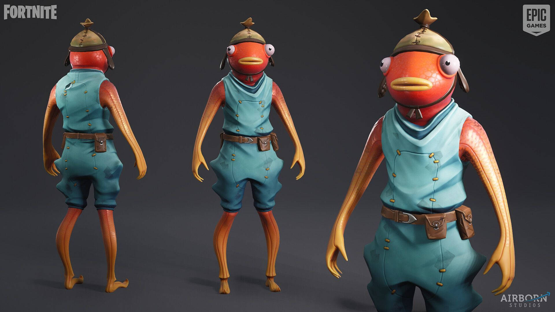 Fishstick 桌布 壁紙 — 三個視角展示一個卡通魚角色，身穿藍色工裝褲和頭盔，背景為深灰色攝影棚。