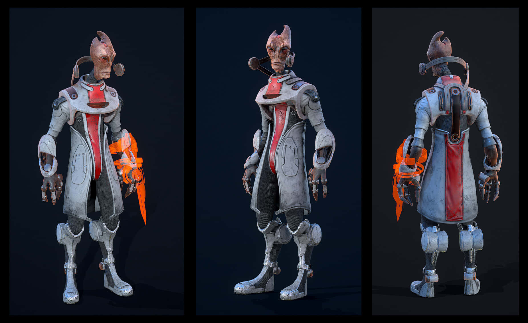 Mordin Solus 桌布 壁紙 — 三個視角展示一個科幻外星角色，身穿精細的銀色和紅色盔甲，在黑暗背景中手持橙色武器。