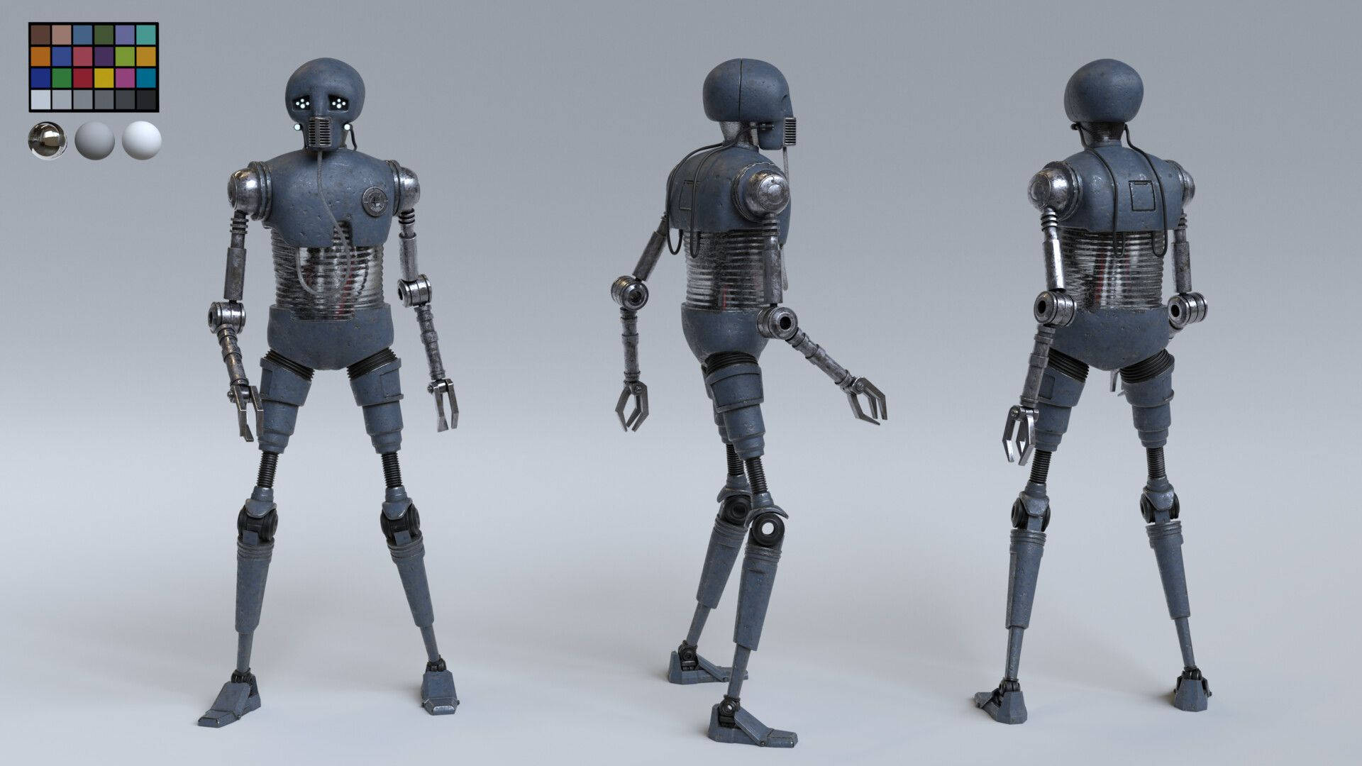 工作室環境中灰色人形機器人模型的三個角度。 — 4d 壁紙
