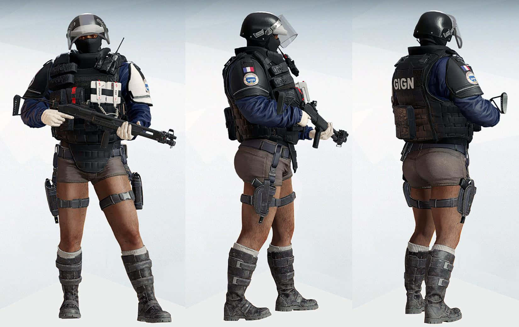 Rainbow Six Siege Doc 桌布 壁紙 — 三個視角展示一名全副裝備的GIGN戰術人員在純色背景前持步槍。