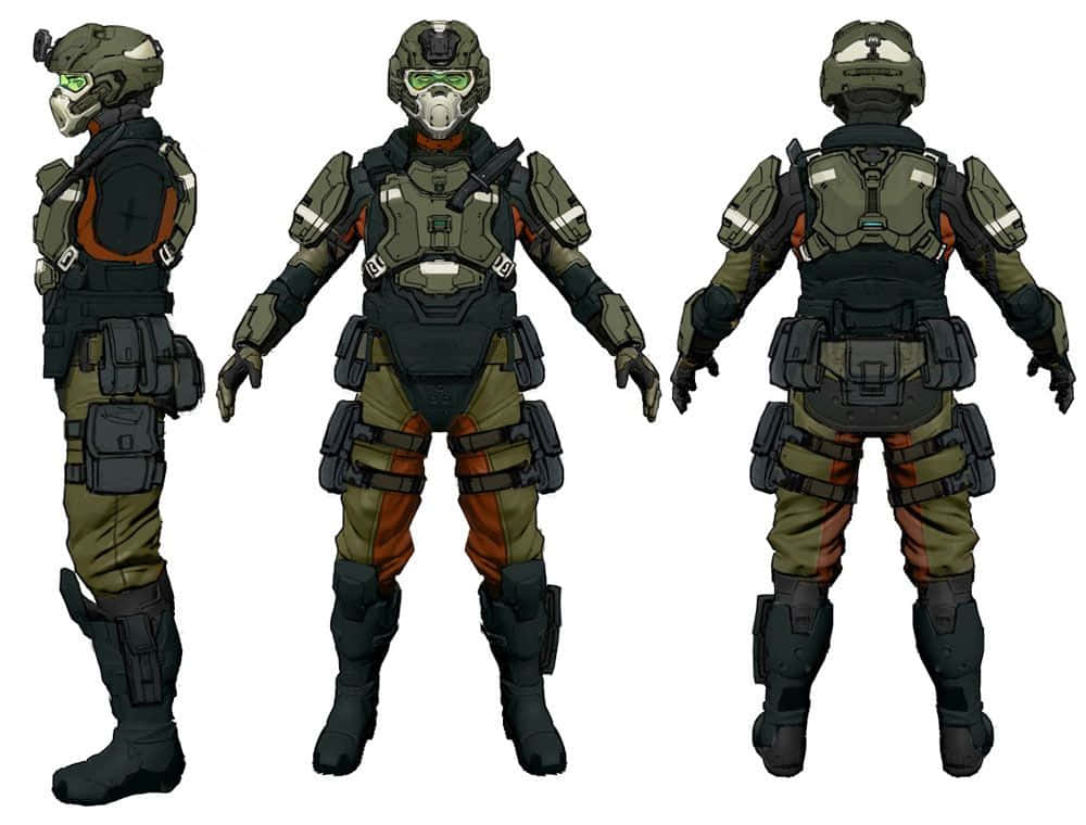 Halo Unsc 桌布 壁紙 — 三個視角展示一名未來戰士，身穿精細的綠色和橙色戰鬥裝備，配備發光綠色護目鏡。